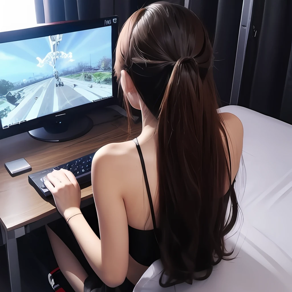 1girll,playgame,From behind,monitor,keyboard