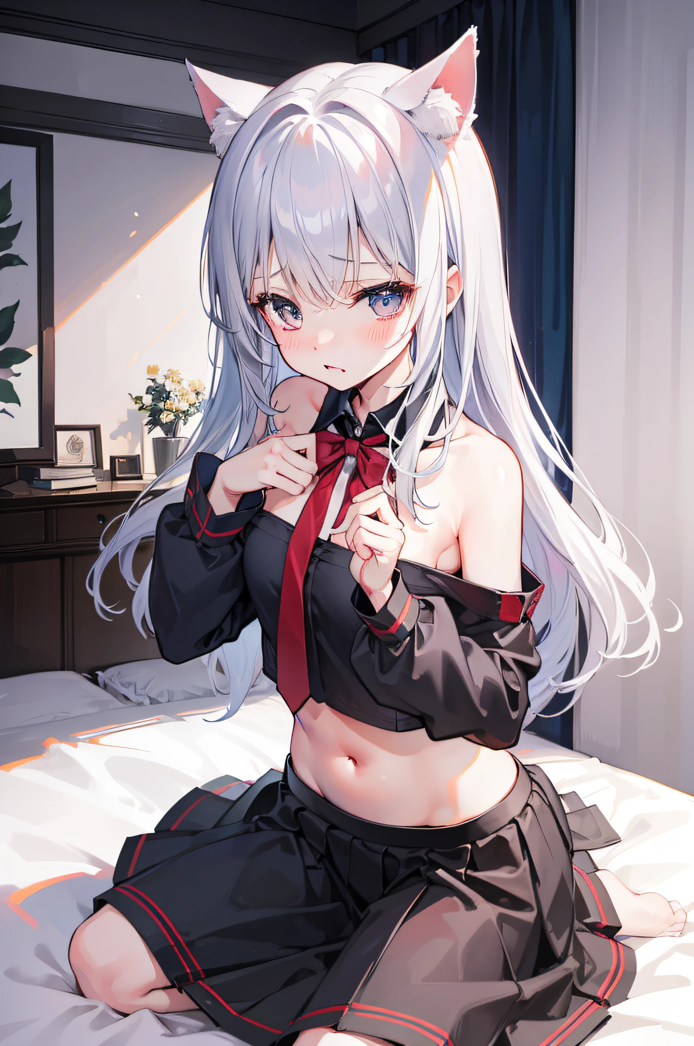 1girl,{Best Quality}, {ultra-detailliert}, {very detailed illustration}, Top image quality,red blus,a bed,looking at viewer,Black tie,{bustup},all-fours,skirt by the,cat ears,silver hair,embarrassed from,breastsout,Aimei,white bed, naked belly,naked chest,cute embarrasse,horny face