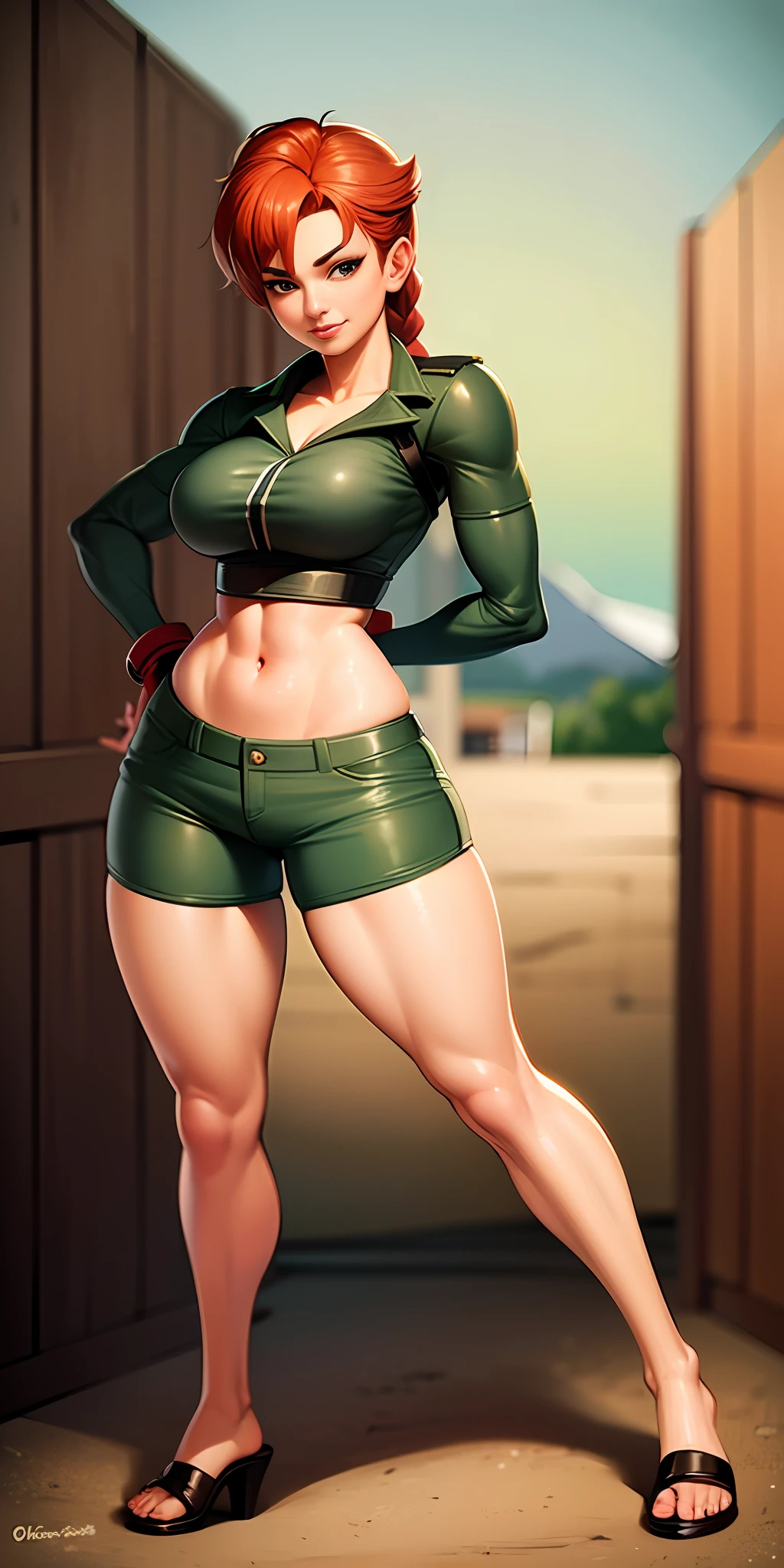 1 girl, beautiful, perfect lighting, muscular, thick thighs, mature woman, milf, navel, abdomen, looking at the viewer (masterpiece, high quality: 1.1), cowboy hat, freckles on body, barn, pale skin, red hair, braid, , short shorts, plaid shirt, skindentation, neckline, smile, thicc, cutesexyrobutts, cel-shaded art style, in fighter poses, highly detailed exquisite fanart, female protagonist 👀 :8, commission for high resolution, fighter pose, full body commission for, high quality fanart, various pose, cushart kenz, king of fighters character, cammy poses of street fighter