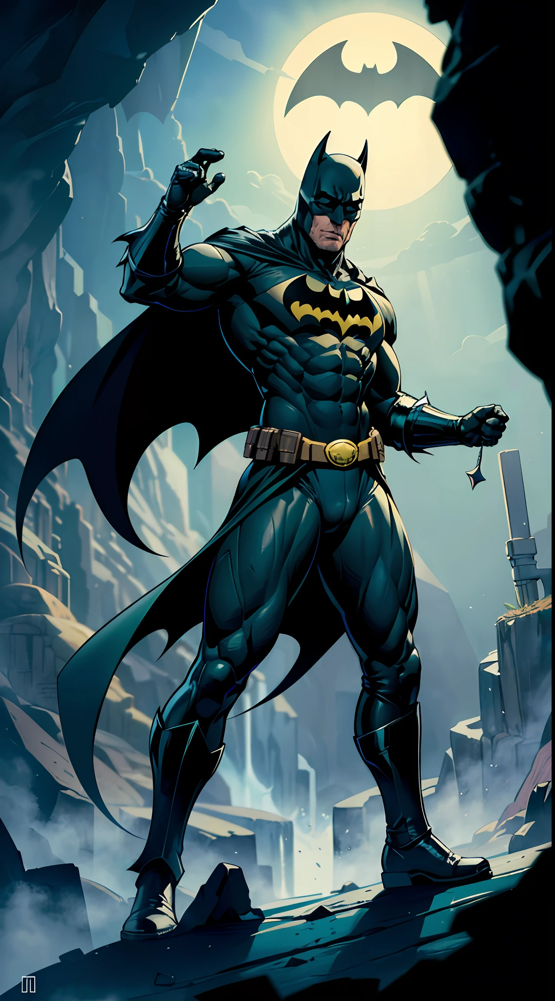 (Batman o cavaleiro das trevas), (Batman musculoso), Batman, corpo masculino, corpo musculoso, o cavaleiro das trevas, dentro de uma caverna, caverna escura, luz lua cheia, morcegos sobrevoando dentro da caverna, musculoso, uniforme detalhado e moderno, nevoeiro sombrio, batcaverna, esconderijo do Batman, luzes em seu uniforme, anti-hero pose, foto do corpo inteiro, full body angle, visible whole body, head arms legs,