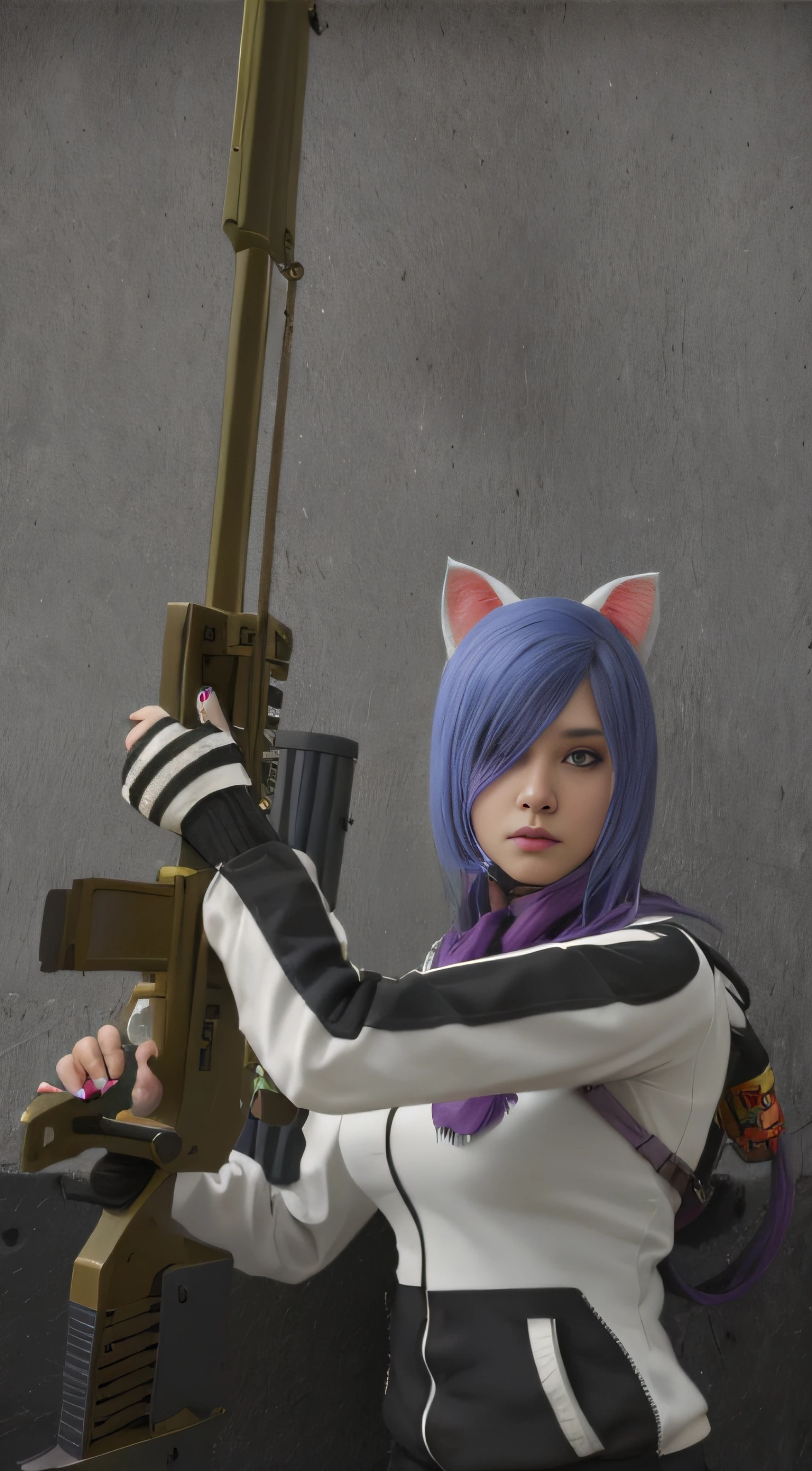 There's a woman with cat ears holding a gun, gato atraente, gatinha, meninato, menina do ganco, Nekomimi, Branco ( Gato ) garota, raposa nobushi segurando uma naginata, mulher com orelhas de gato, Retrato de Jinx de Arcane, com fuzil, close up tiro de meio corpo, pose, gato o assassino, pessoa com pelo roxo, Motor irreal : : maquiagem, Retrato de Jinx de Arcane, menina atraente, a, gatinha jovem bonita, com o rosto muito detalhado,