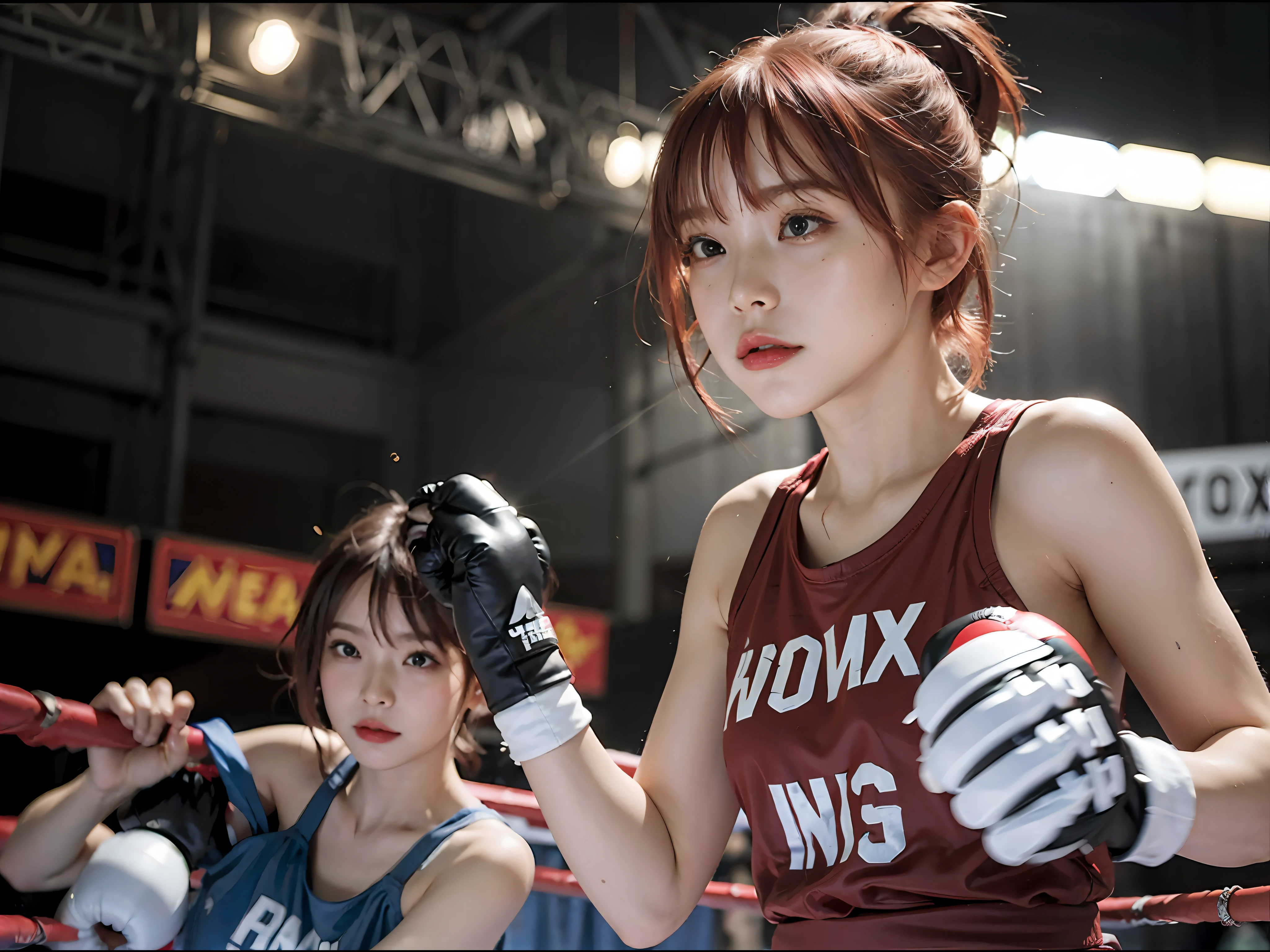 Best Quality, Boxer, (Photorealsitic:2), 超A high resolution, Highly detailed, A hyper-realistic, 1girl in, ((Redhead Guard)), (Boxing gloves), Floral pattern,  colourfull_Head_hair、(((very_Short_Head_hair))), Short hair, Slim body, Full Shot, Looking at Viewer, ((boxing Ring)),  Bright atmosphere, spot light, Detailed background