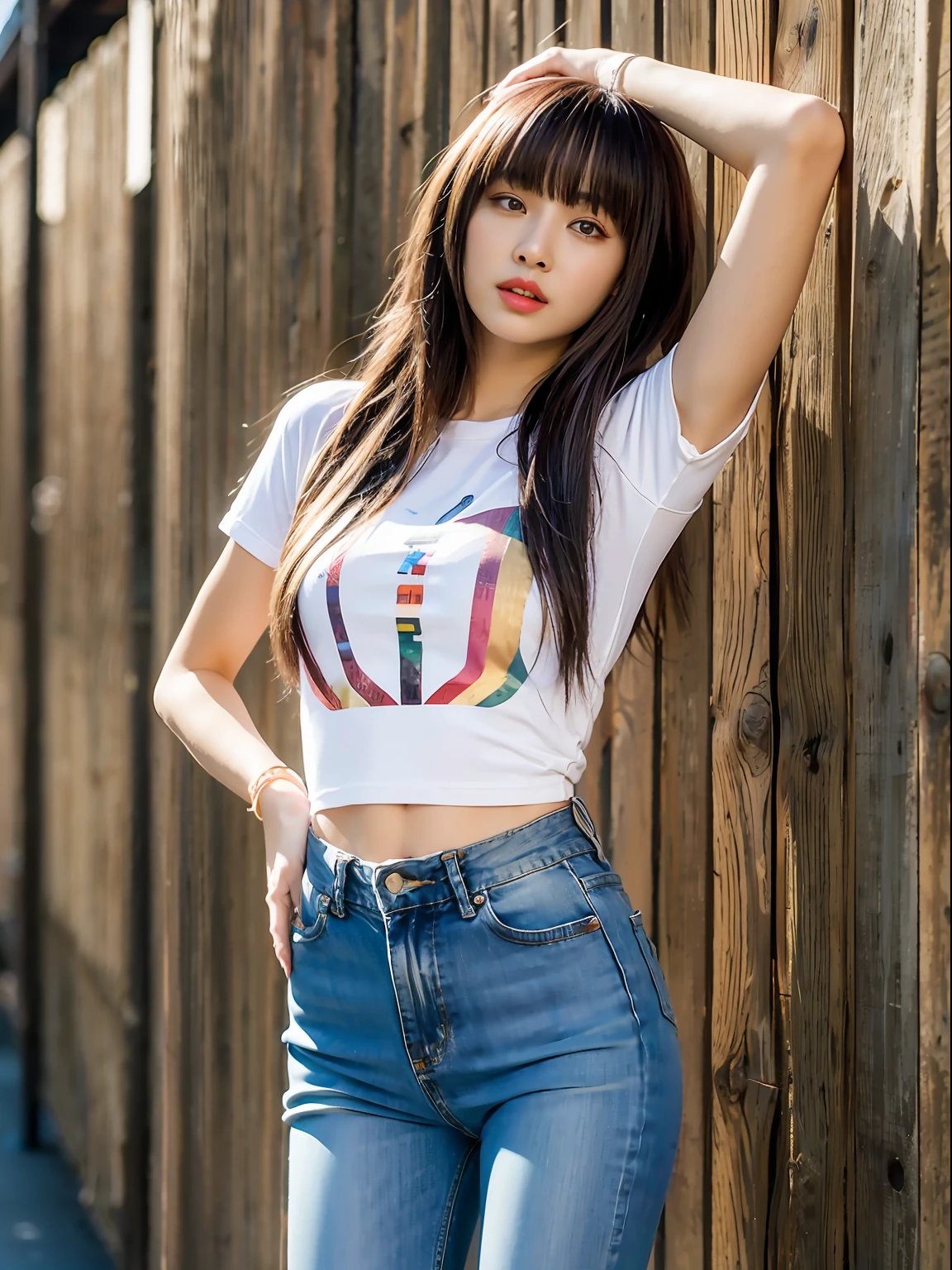 Lisa long hair, Lisa face shape, American retro sportswear, short tight slip T-shirt, digital print, long denim ripped pants, long legs, standing pose, masterpiece, superlative, realistic, HD, natural sunlight, 16k