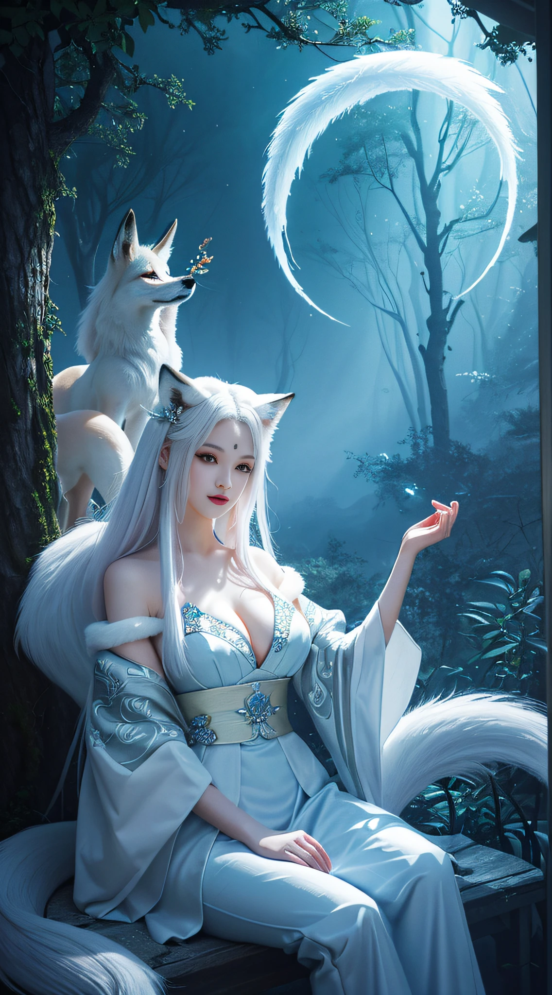 To, masterpiece, beautiful details, colorful, delicate details, delicate lips, complex details, real, ultra-realistic, a girl with white hair fox sitting on a branch: 1.1, big tits, sexy, seductive, ethereal fox, nine-tailed fox, fox three-tailed fox, Onmyoji detailed art, nine tails, beautiful artwork illustration, mythical creatures, foxes, beautiful digital artwork, exquisite digital illustration, mizutsune, inspired by mythical creatures wildnet, pixiv On digital art, bright light, high contrast, horror movie theme, dark atmosphere