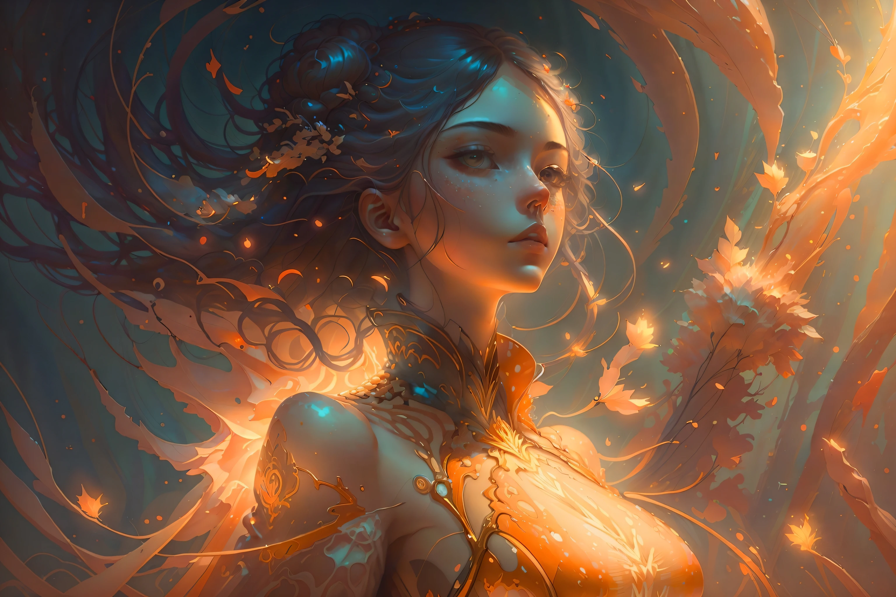 orange00d, high angle shot of a slender Woman, wearing Poulaine, Overdetailed art, Light caustics, Burgundy and Neutral neon hue, art by Tristan Eaton,