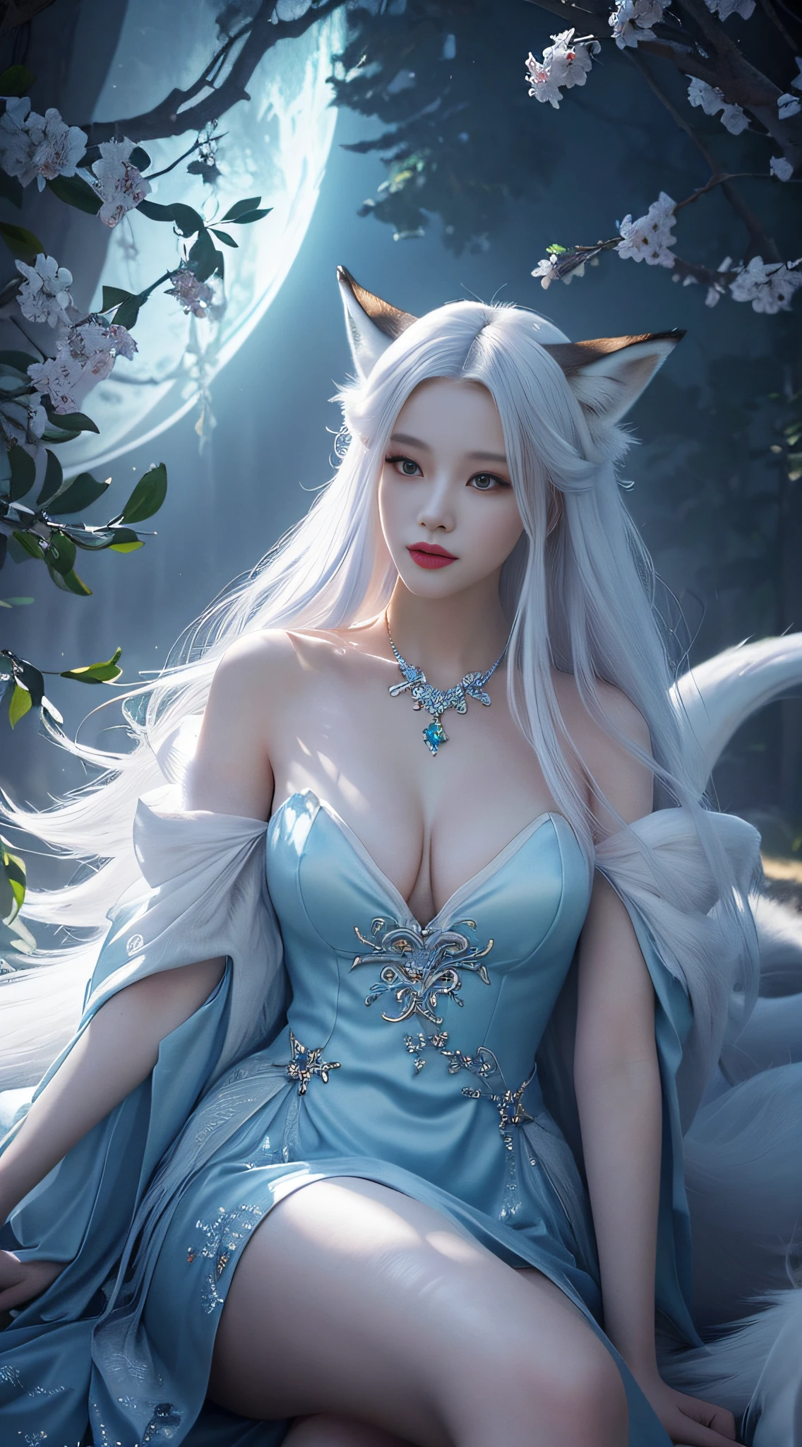 To, masterpiece, beautiful details, colorful, delicate details, delicate lips, complex details, real, ultra-realistic, a girl with white hair fox sitting on a branch: 1.1, big tits, sexy, seductive, ethereal fox, nine-tailed fox, fox three-tailed fox, Onmyoji detailed art, nine tails, beautiful artwork illustration, mythical creatures, foxes, beautiful digital artwork, exquisite digital illustration, mizutsune, inspired by mythical creatures wildnet, pixiv On digital art, bright light, high contrast, horror movie theme, dark atmosphere
