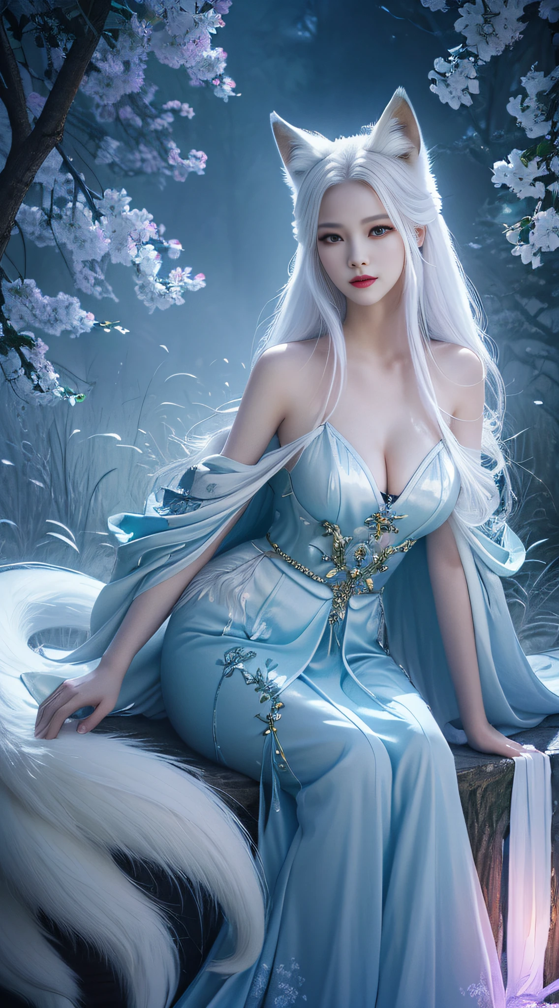 To, masterpiece, beautiful details, colorful, delicate details, delicate lips, complex details, real, ultra-realistic, a girl with white hair fox sitting on a branch: 1.1, big tits, sexy, seductive, ethereal fox, nine-tailed fox, fox three-tailed fox, Onmyoji detailed art, nine tails, beautiful artwork illustration, mythical creatures, foxes, beautiful digital artwork, exquisite digital illustration, mizutsune, inspired by mythical creatures wildnet, pixiv On digital art, bright light, high contrast, horror movie theme, dark atmosphere