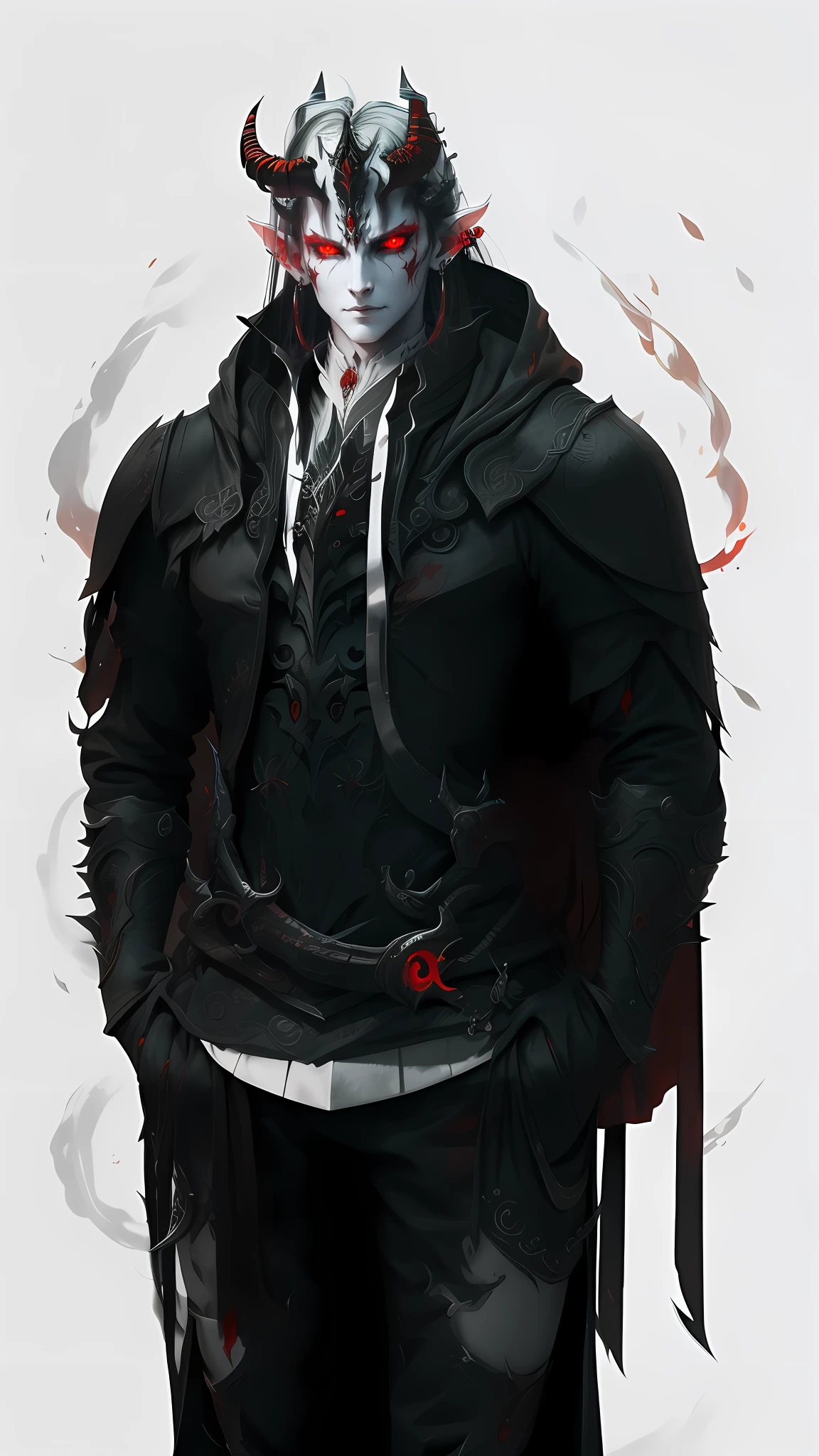 Demon with human face, horns, and a red forked tongue.red eyes and earrings on the ears. With long, black claws, best quality , masterpiece, high resolution, 4k