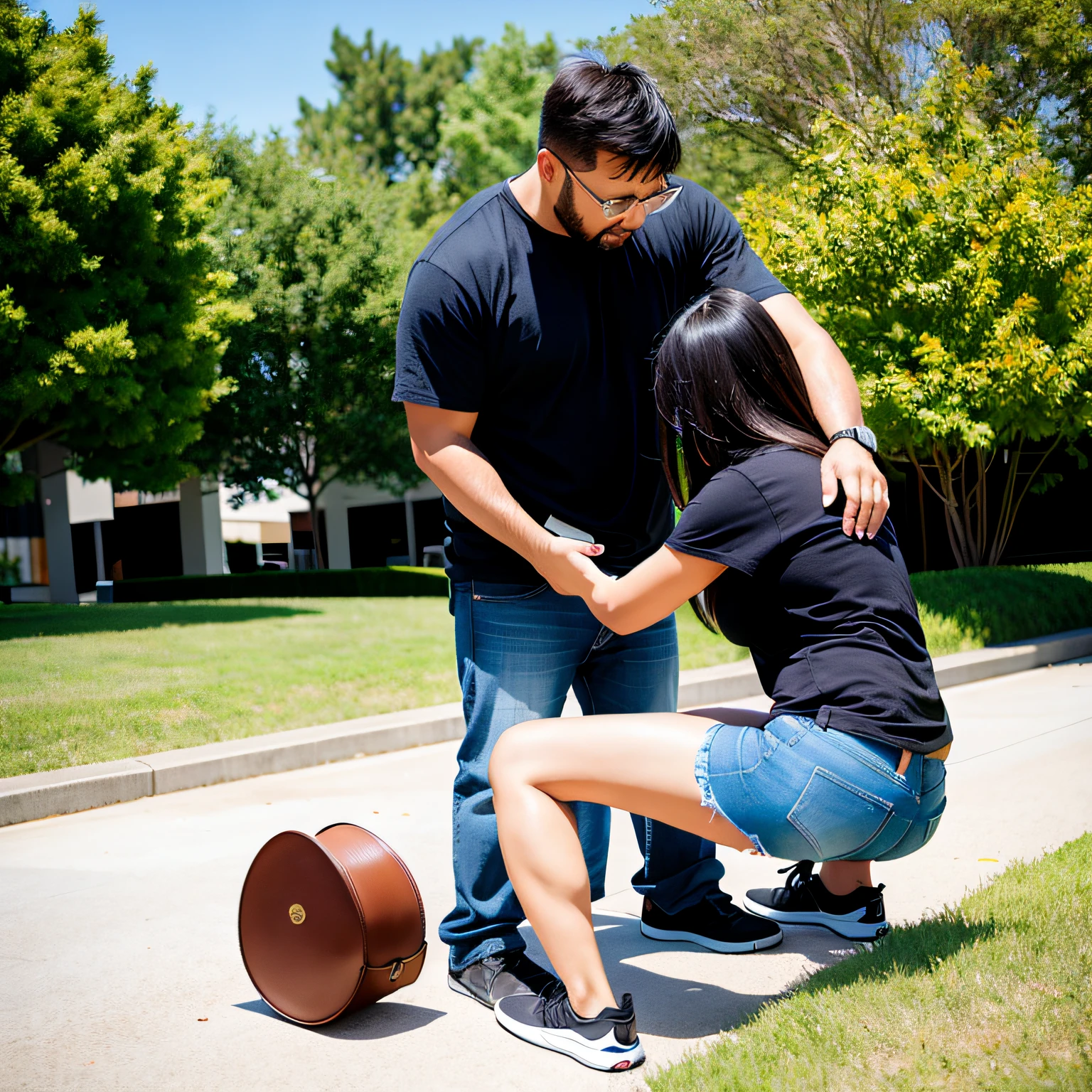 A man steps on the head of a beautiful woman kneeling on the ground