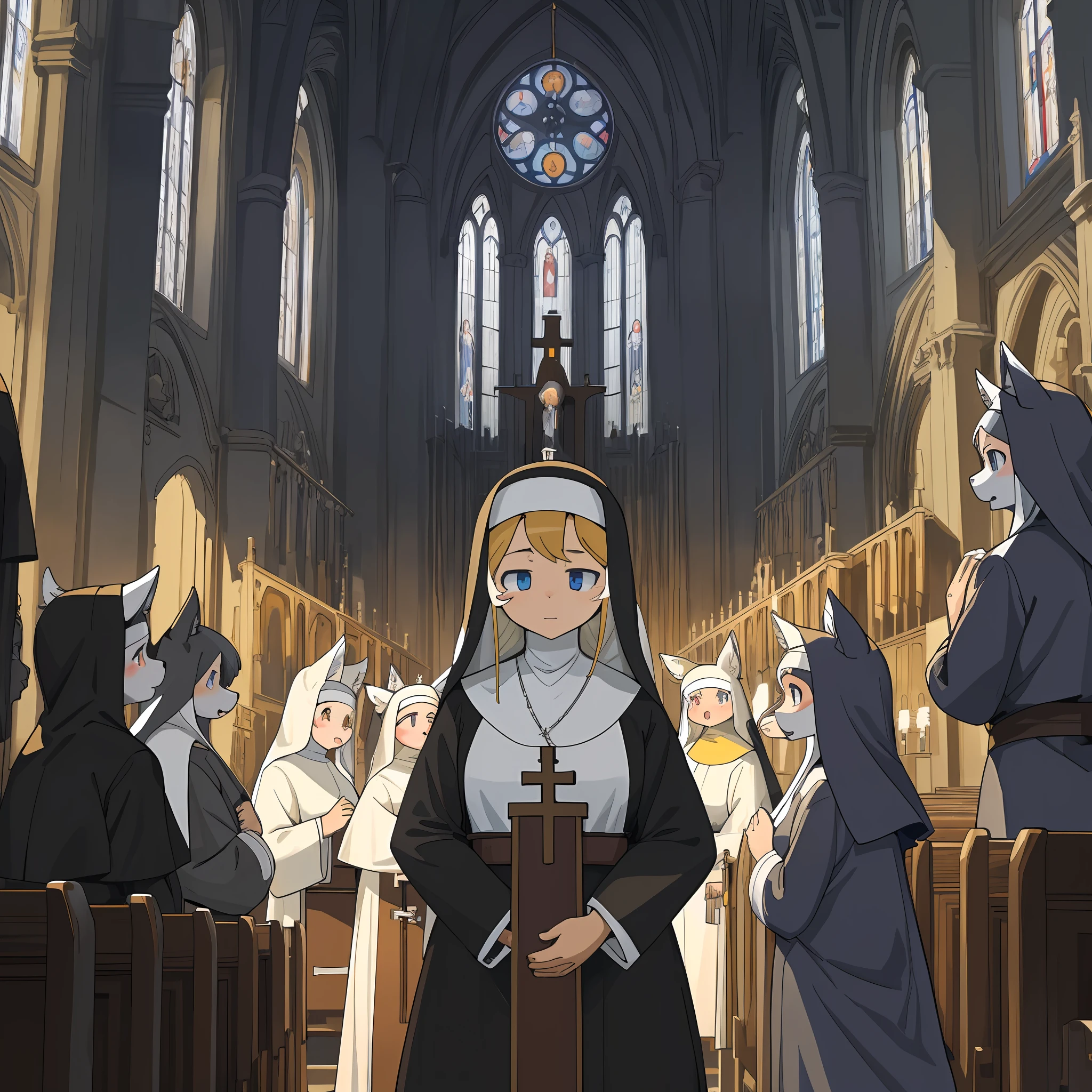 dynamic angle, top quality, best quality, High-quality illustrations, masterpiece, super high resolution, detailed background, detailed background, sister, Catholic nun, church, mass, group shot:0.1, 6+boys, 6+girls, absurdres(highly detailed beautiful face and eyes)perfect anatomy, expression, good lighting, cinematic shadow(kemono, furry anthro),