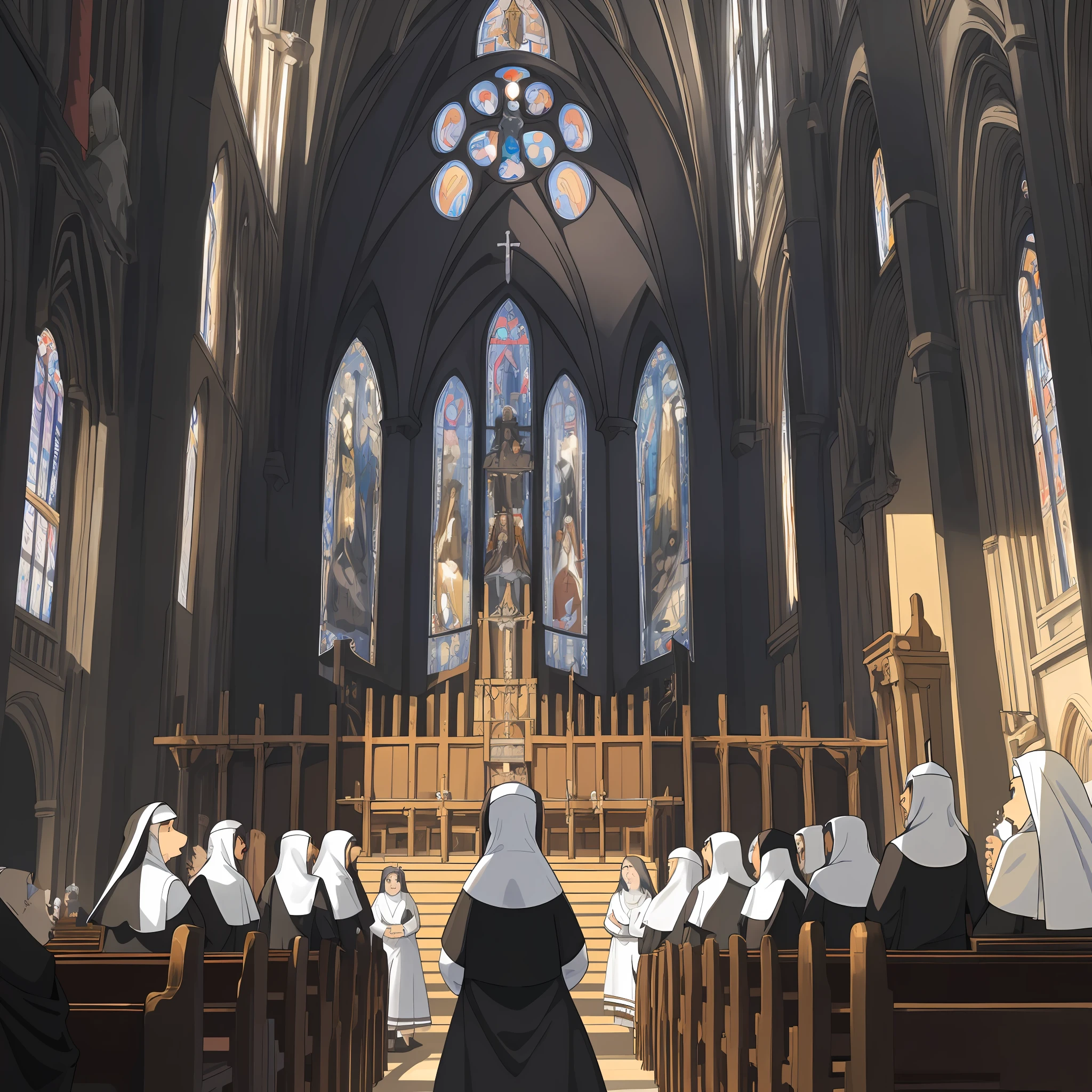 dynamic angle, top quality, best quality, High-quality illustrations, masterpiece, super high resolution, detailed background, detailed background, sister, Catholic nun, church, mass, group shot:0.1, 6+boys, 6+girls, absurdres(highly detailed beautiful face and eyes)perfect anatomy, expression, good lighting, cinematic shadow(kemono, furry anthro),