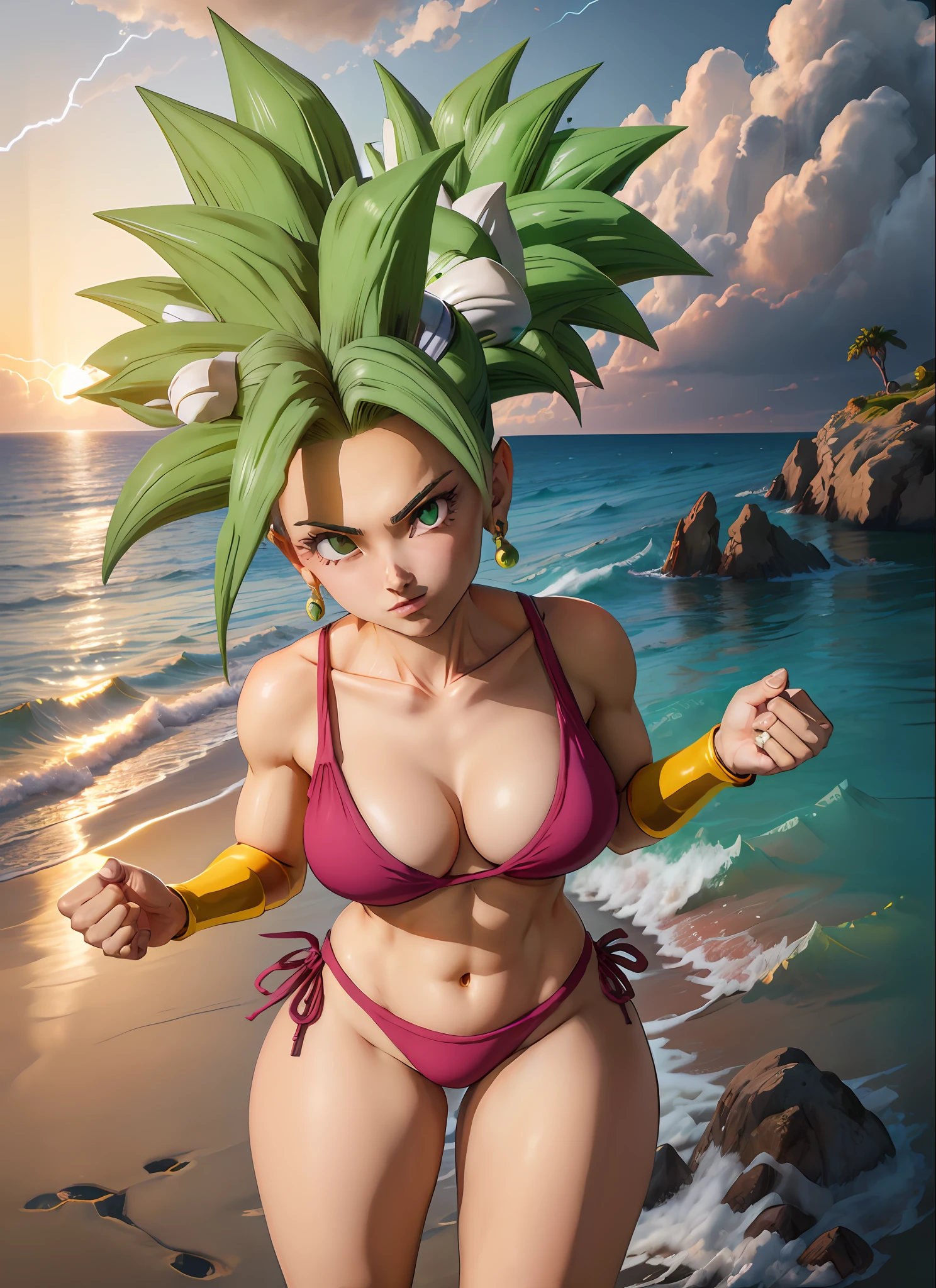 (obra-prima, Beach scene at sunset:1.3), (Kefla de Dragon Ball Super :1.2), (standing at its height of 140 centimeters with a well distributed 65 kg:1.2), (Beautifully proportioned body with large breasts and large buttocks, firmes e redondas:1.2), (slender physique:1.1), (passeando pela praia no momento da captura:1.2), (Facing the camera squarely, mas virando-se com uma breve risada no canto da boca:1.2), (fotografia tirada de suas costas:1.5), (wearing an extremely small bikini both on top and bottom:1.5), (Capturing the enchanting lighting of the sunset:1.1), (enhancing the beauty of your green colored hair:1.3) Detalhes insanos e hiperdetalhados, Lindamente colorido, Motor irreal, DOF, Super-Resolution, Megapixel, cinematographic lightning, antialiasing, FKAA, TXAA, RTX, SSAO, Post-processing, post - production, Mapeamento de Tons, ......cgi, VFX, SFX, Insanamente detalhado e intrincado, Hiper maximalista, Hiper realista, volumático, fotorrealista, ultra fotorreal | | | | | |, ultra-detalhado, detalhes intrincados, 8k, super detalhado, Colouring, Volumetric lightning, HDR, realista, Motor irreal, 16k, foco nítido. octan render