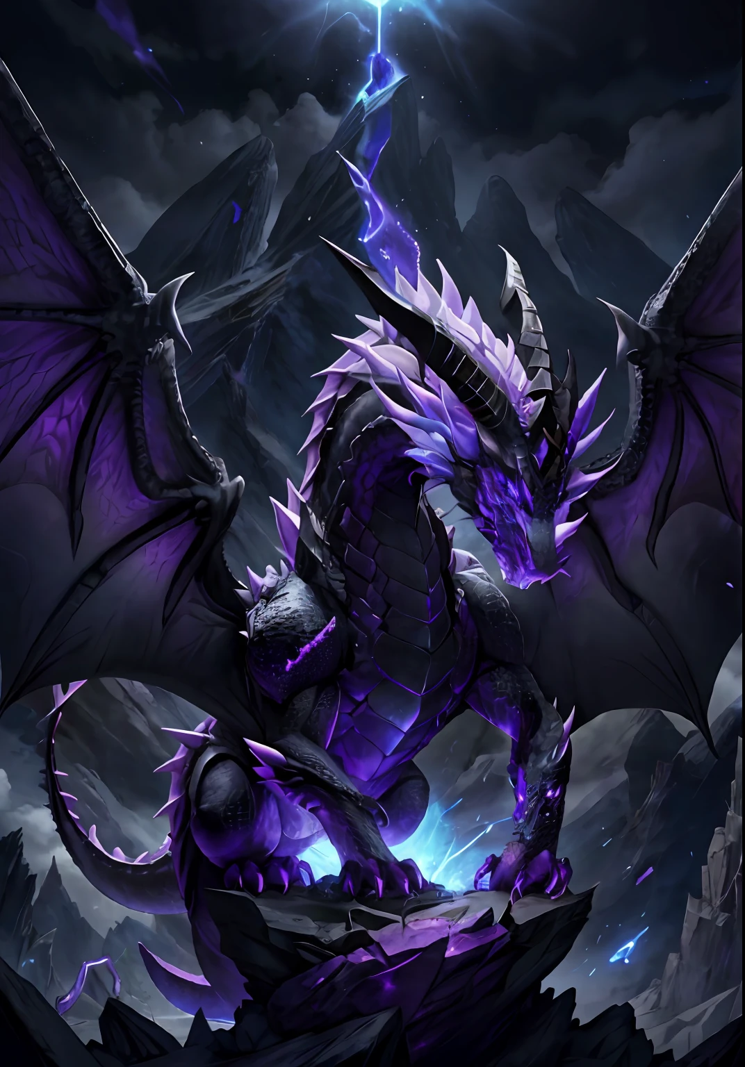 powerful dragon with black and purple scales, crystalline horns, dark aura, powerful creature, blue eyes, with a halo on top of the head, on top of a mountain, hatred, with open wings, with a broken horn