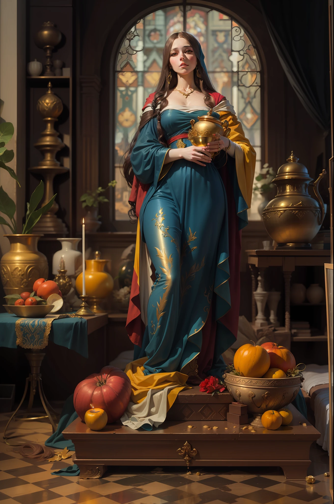Mary Magdalene, biblical character, entire body, vase, Johannes Vermeer style, stunning composition, 8k