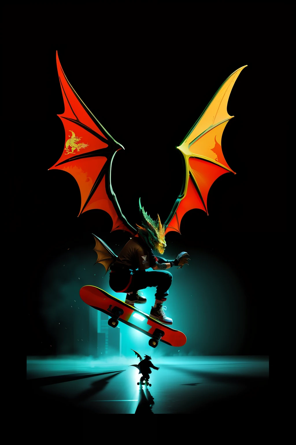 Skateboarder with dragon wings with black background