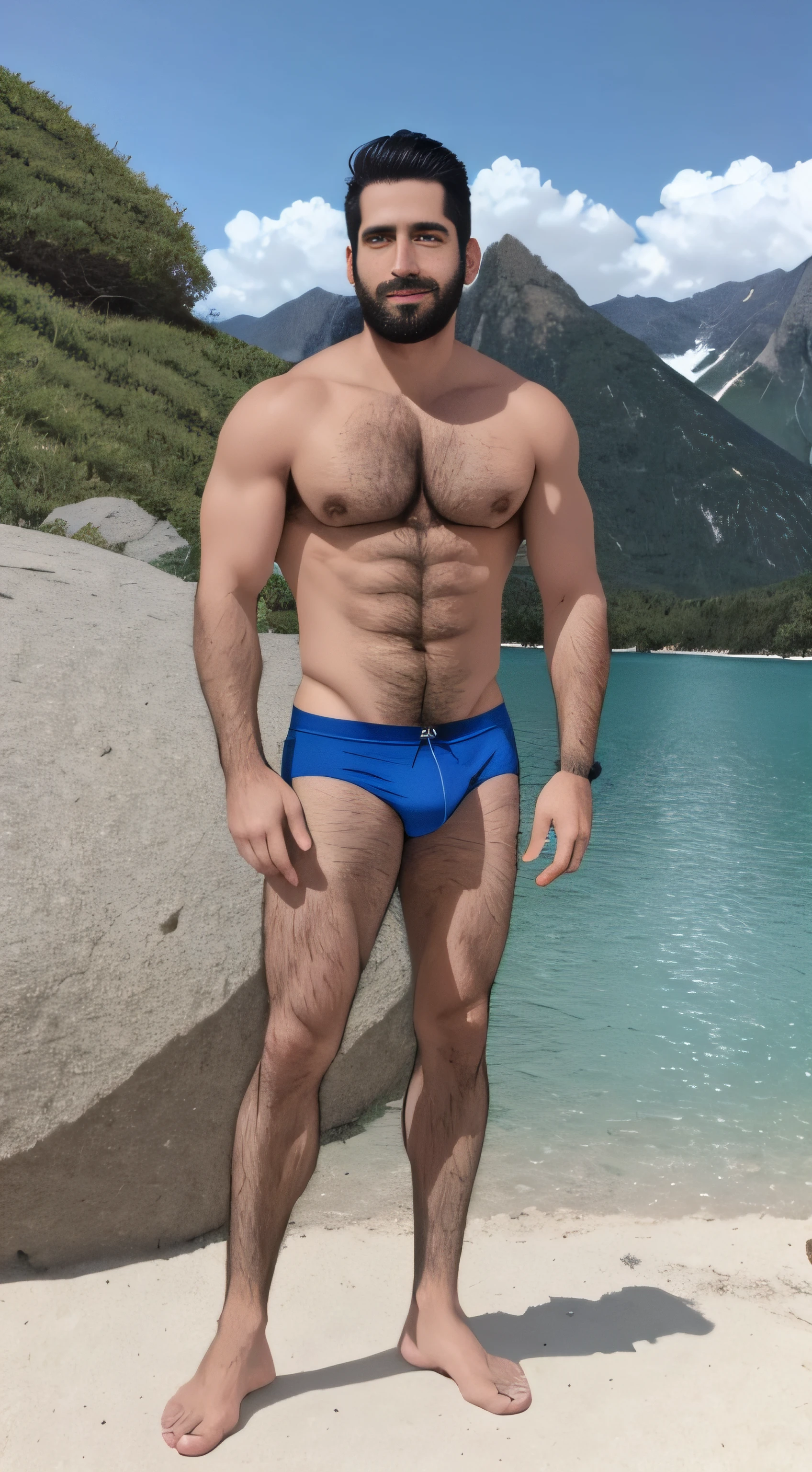 barbado, Shirtless man standing in front of a mountain, Super buff y cool, pecho peludo y cuerpo peludo, pecho peludo, Pelo en el pecho, 30 years old man, inspirado en Maluma