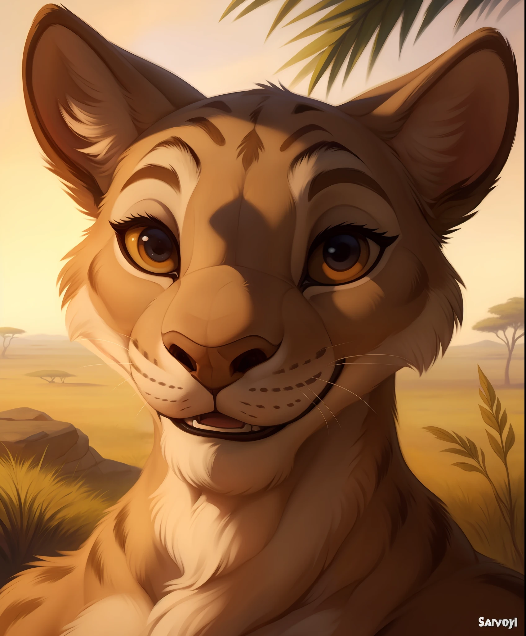 disney cartoon still frame. sarabi, (do_me_eyes:1), happy , from the front, face closeup, in a the savannah, animated, drawing,, honovy, hioshiru foxovh