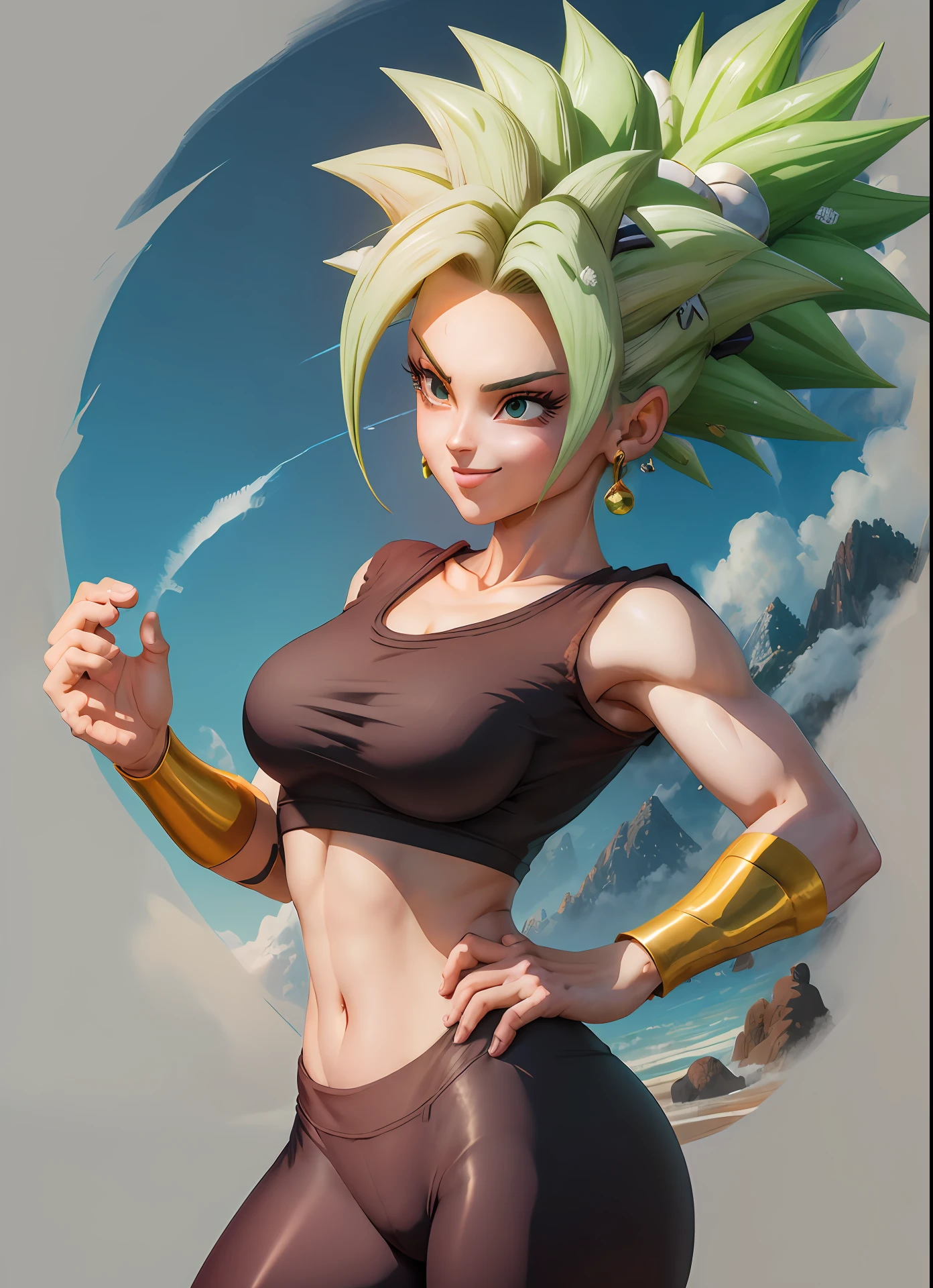 (melhor qualidade, obra-prima), cabelo verde, brincos verdes, yoga pants, yoga bra, pele apertada, tonificado, smug, sorriso, kefla, cintura fina, luz de fundo, rosto detalhado, queixo detalhado, perfect hands, radiante, unreal engine, 4k