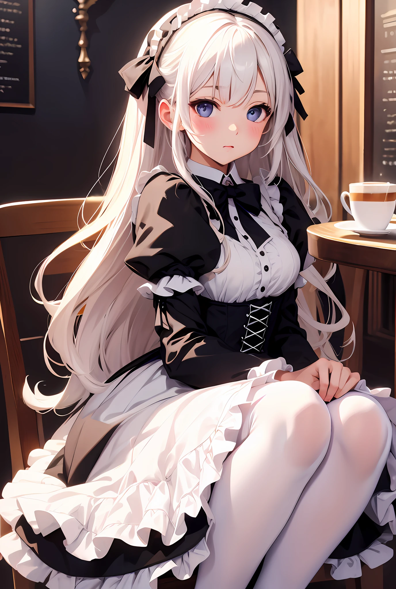 best qualityer，tmasterpiece，Ultimate resolution，downy，plethora of colors，Colorful，Big high school girl，full bodyesbian，Lolita long dress，white stockings，(Lolita shoes)，Cafe background，closeup of face