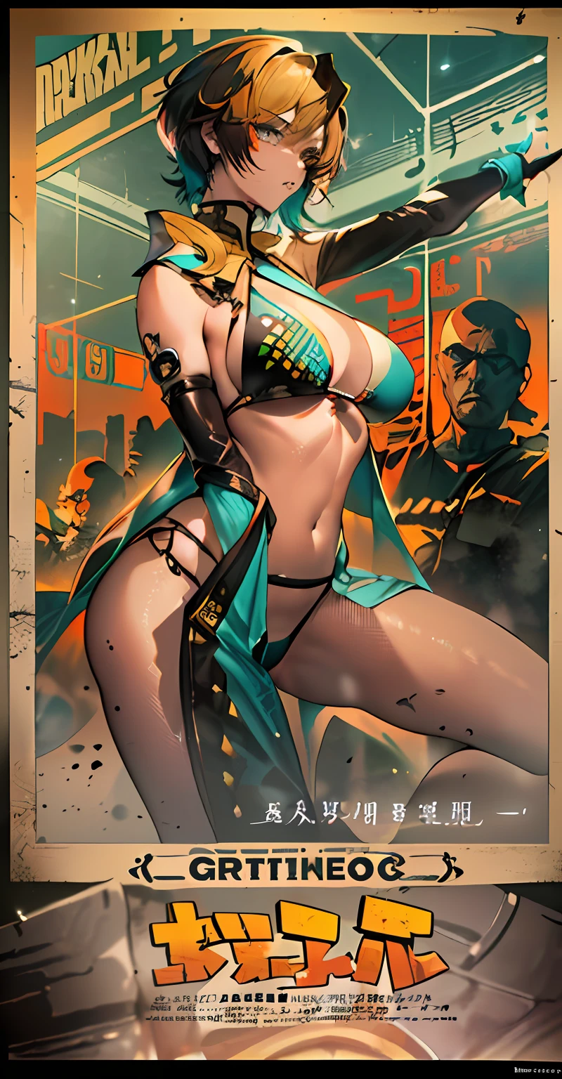 ((((Dramatic))), (((grittiness))), (((Intense))) The movie poster features a young woman as the central character。She stands confidently in the center of the poster,Wear sexy and revealing bikinis,With a seductive expression on his face。The background is dark and gritty,There is a sense of danger and a strong feeling。The text is bold and eye-catching,With catchy slogans,Adds to the overall drama and excitement。The color palette is dominated by dark colors,Dotted with bright colors,Make the poster dynamic and visually striking,tachi-e (Magazines:1.3), (Cover-style:1.3), Fashionab, woman, vibrant, Outfit, posing on a, Front,rich colourful,dyna,Background with,element in,self-assured,Expressing the,halter,statement,Attachment,A majestic,coil,Runt,Touching pubic area,Scenes,text,Cover of a,boldness,attention-grabbing,titles,Fashionab,typeface,Catchy,titles,more big,Smart、moderno、Trendy、focus-on、Fashionab、