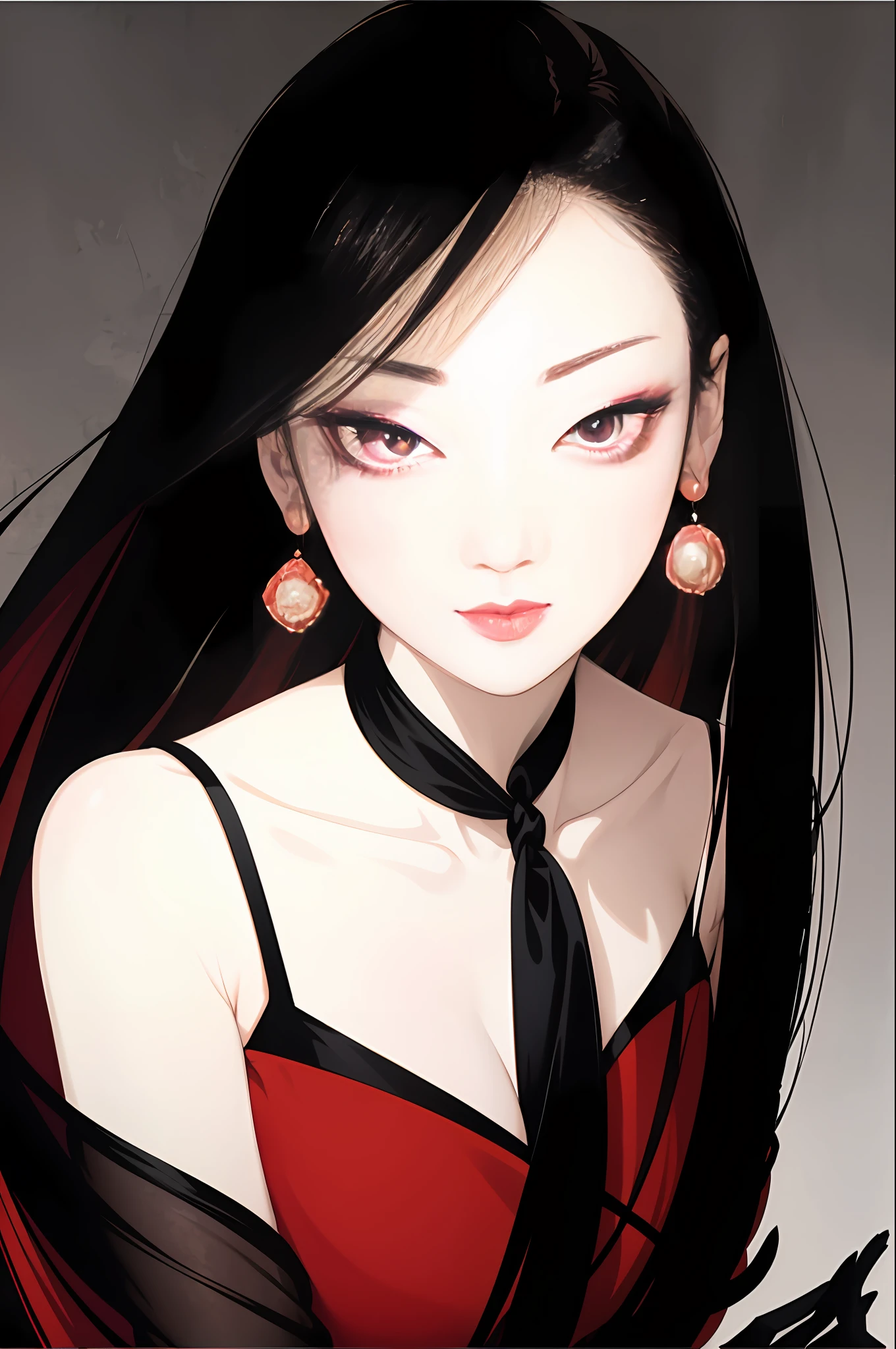 tsuruta ichiro, Narrow-eyed, 1girl in, Allback、Luxurious dresses,deadpan、short-hair、shorth hair、brow、Reluctance、A dark-haired、Tucked Hair Solo, ((mideum breasts)), ( Thin slit eyes)、Black eyes, Light shines on the eyes、Black hair, gloves, Dress, Luxurious Jewelry, earrings, sharp eye、 elbow groves,Raise your hands and tie your hair back, random color, random color dress, Makeup for long eyes, (Slender eyes)、lip stick, Complex petal pattern, Rim Light, Back Light, pastel color,Studio Lighting
