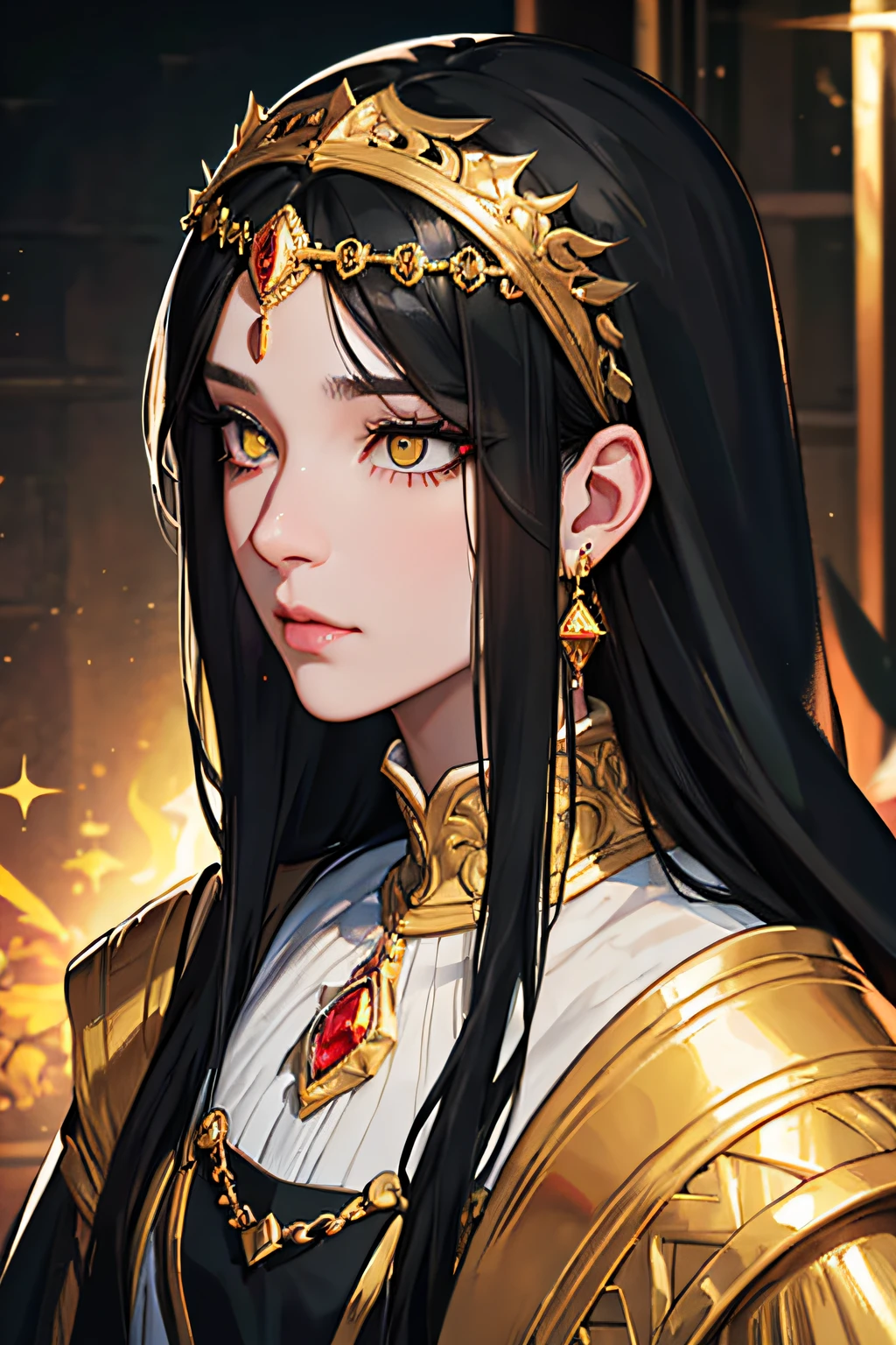 black hair, mouth veil, color contact lenses, longeyelashes, amber eyes, crystal earrings, jitome, Classicism, cinematic lighting, character chart, close-up, bokeh, UHD --auto