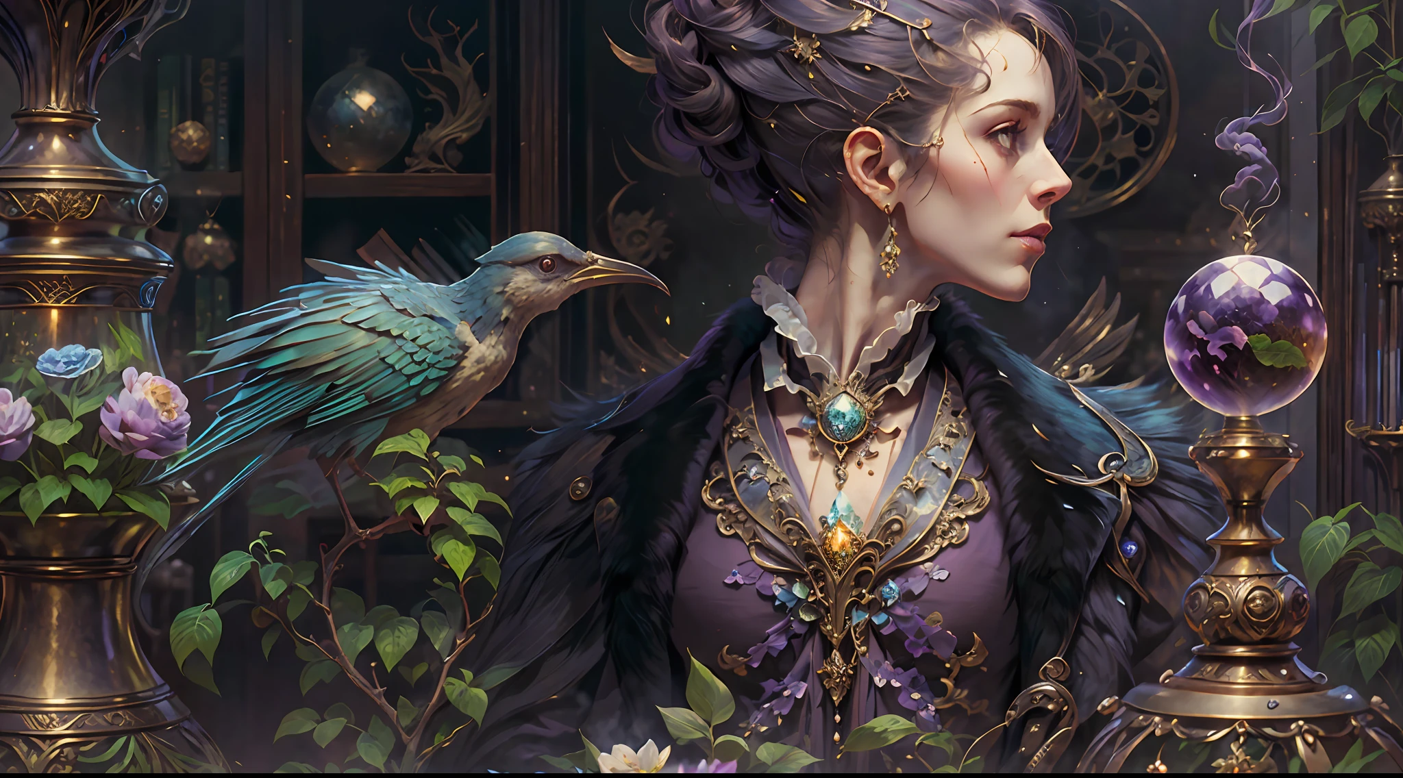 a young, A handsome and beautiful aristocratic couple runs a magic shop in the Age of Steam Magic,head looking up,florals,The bird,A plant,crystal sphere,magic item,victorian aristocrat,purple flower,ultra-realistic realism