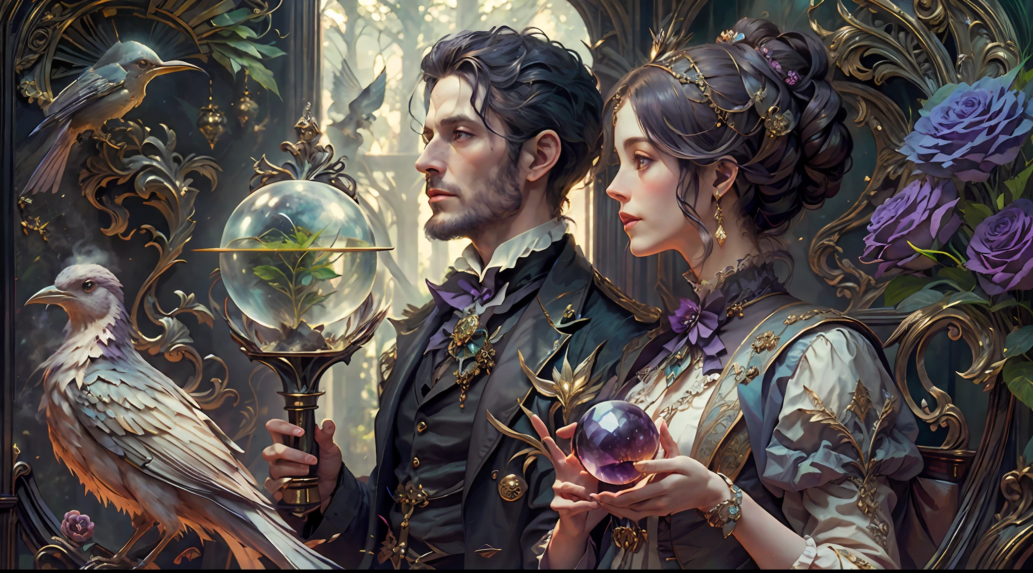 a young, A handsome and beautiful aristocratic couple runs a magic shop in the Age of Steam Magic,head looking up,florals,The bird,A plant,crystal sphere,magic item,victorian aristocrat,purple flower,ultra-realistic realism