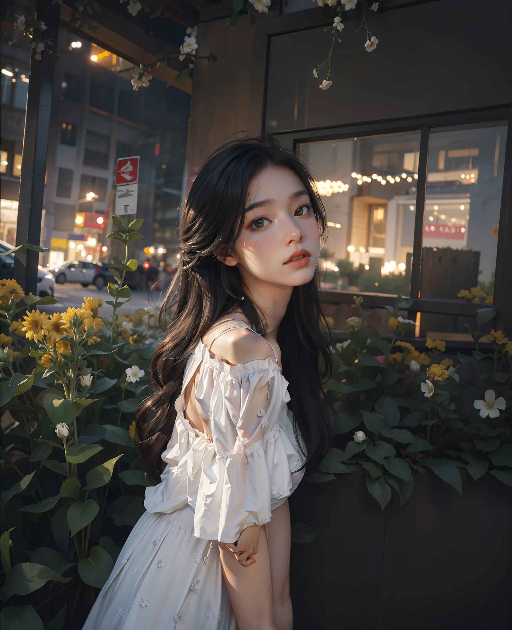 Best quality, masterpiece, super high resolution, (realism: 1.4), original photo, 1girl, white dress, off-the-shoulder, blooming flower field, glowing skin