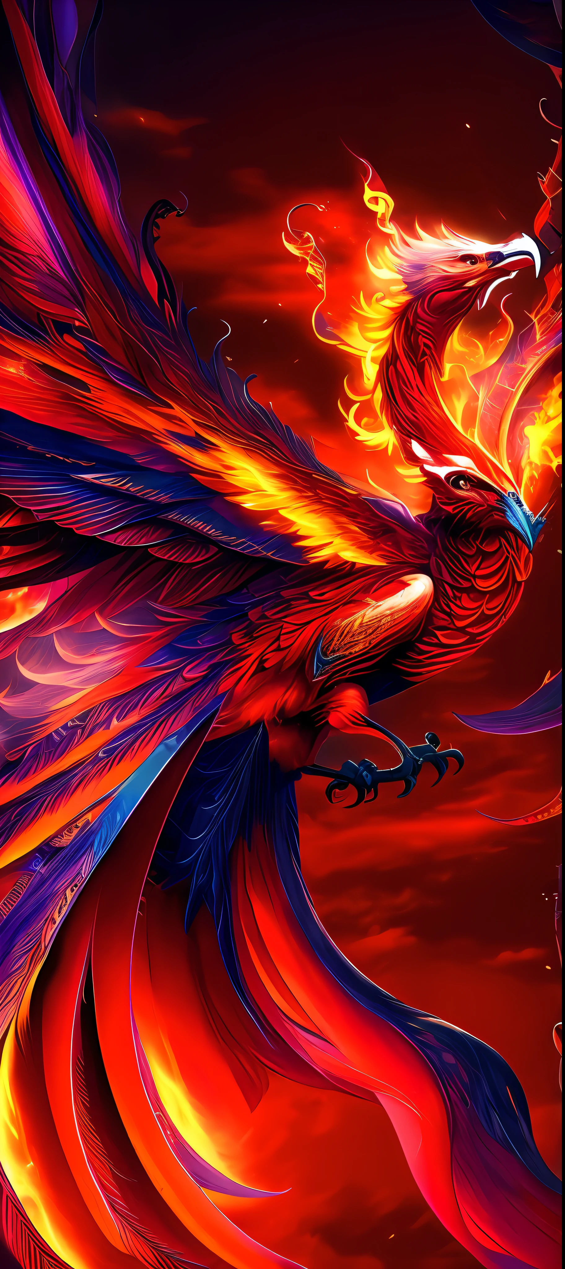 brightly colored bird flying in the sky with a bright red tail, artwork of a phoenix, ''wallpaper of a phoenix, Phoenix Dragon, ''wallpaper of a phoenix resting, phoenix rising, Fiery bird, arte de fantasia digital colorida, phoenix rising from the ashes, phoenix-inspired, phoenix in fire, phoenix warrior, penas brilhantes, wow 4 k fantasia detalhe