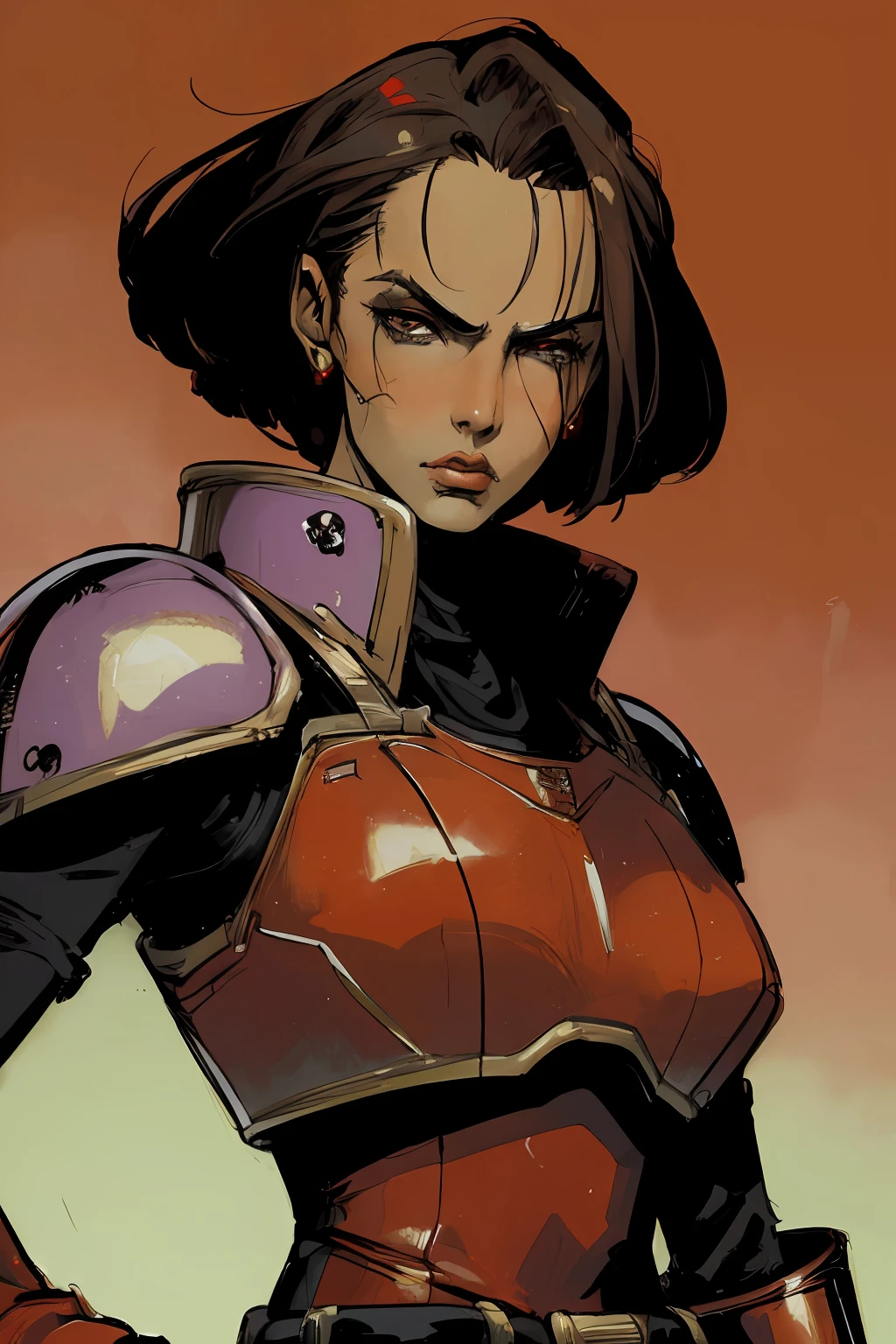 portrait of 1 brunette woman, battle stance, futuristic military gear, red eclipse saint circle background, futuristic armor, detailed, ( methurlant), (masterpiece, best quality:1.3), moth on eye, gritty, comic,