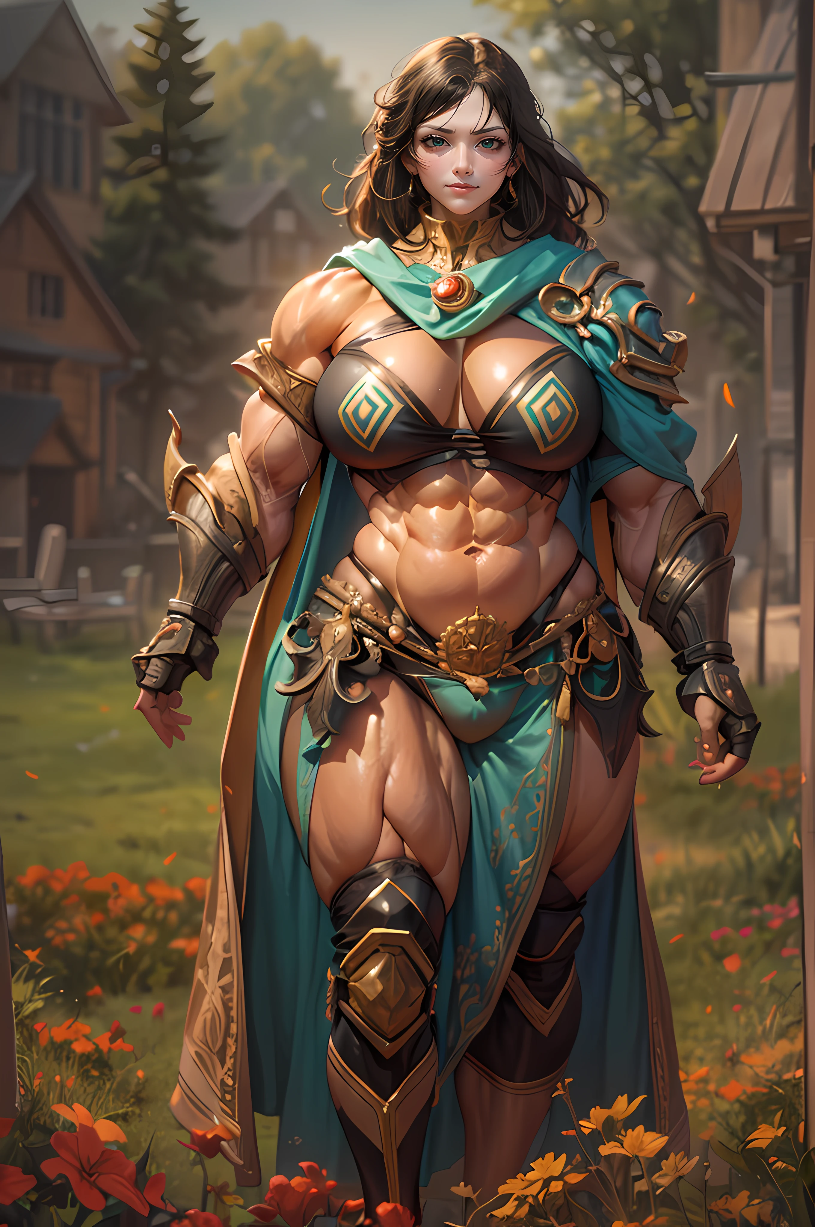 (beautiful face: 2), 25-year-old woman face, thick muscular neck, matching neck, matching trapezius muscles, matching hair, slight smirk, neutral stare, green eyes