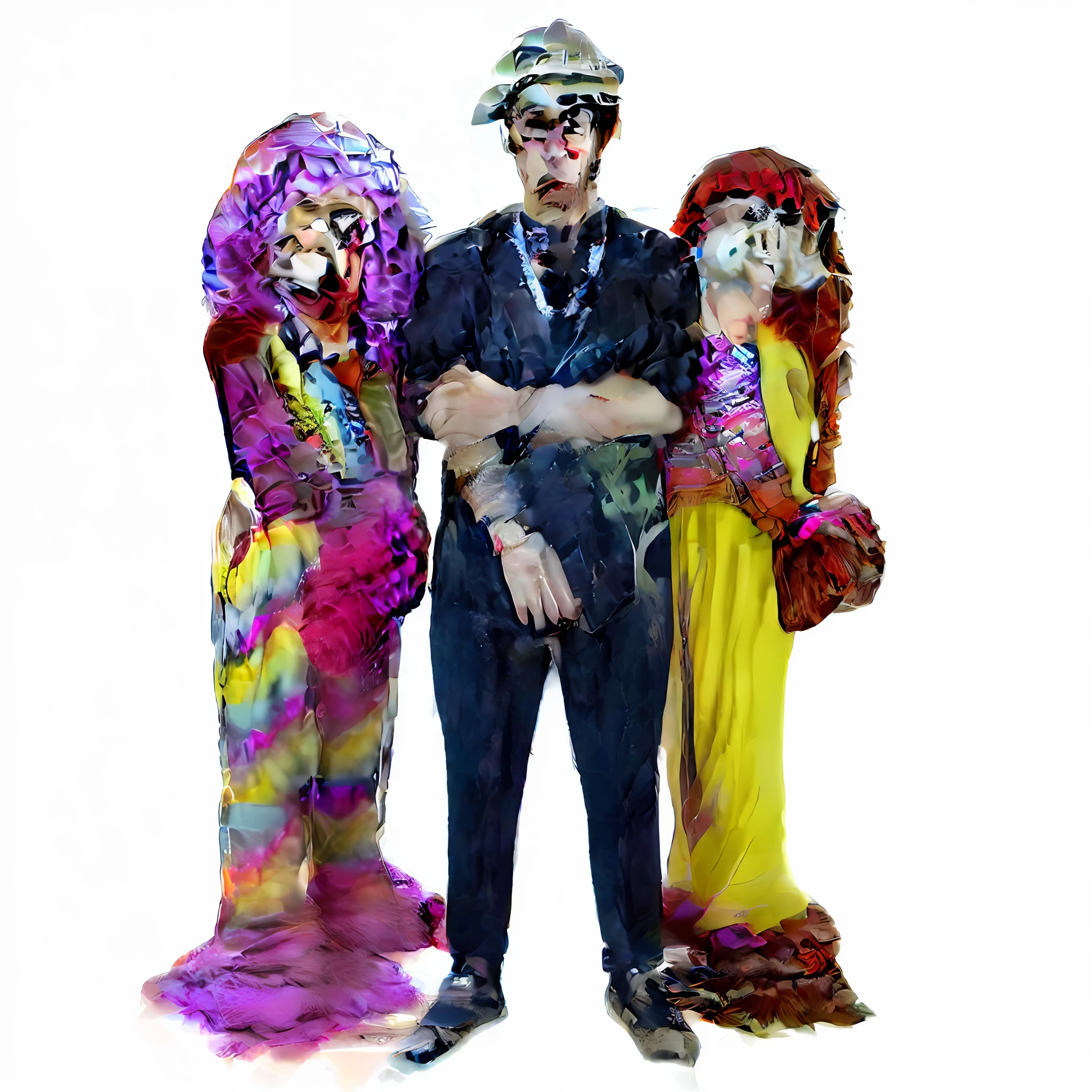araffes dressed in costumes and hats posing for a picture, full body with costume, photograph of three ravers, doug walker, costume weird, bad bunny, clowns, full body full height, promotional photo, normal people with costumes, never seen before, high quality costume, costumes, costume weird creepy, nostalgia critic, photo from a promo shoot