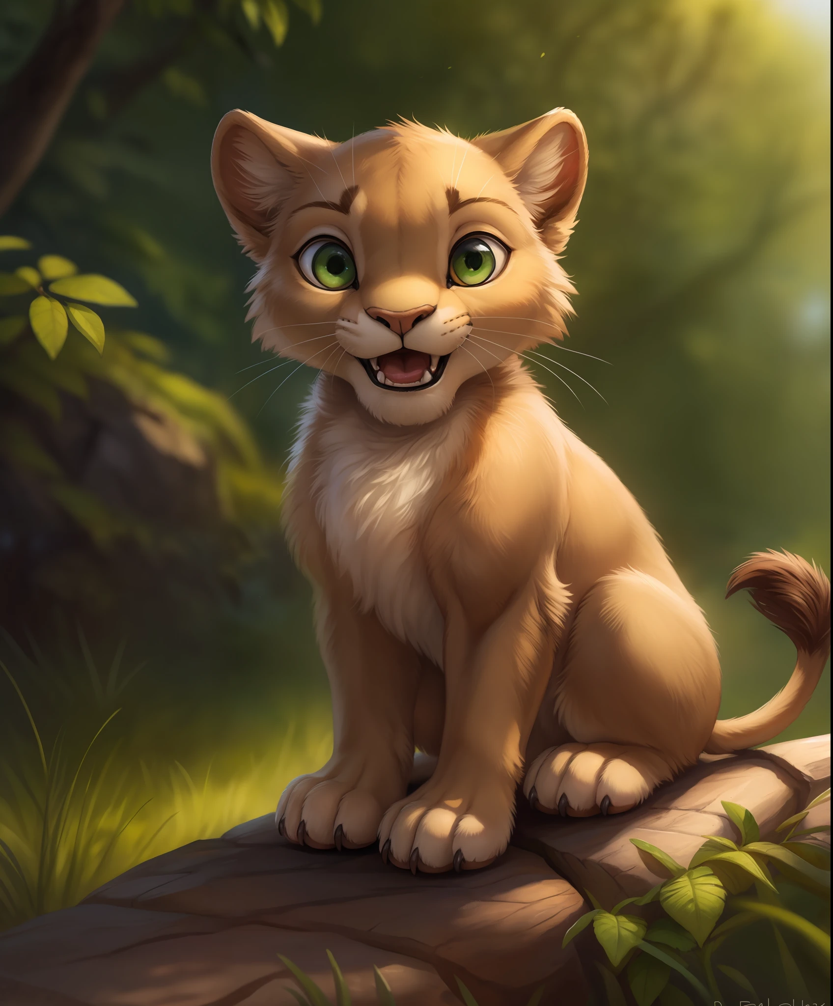 cute, silverfox5213, chibi, open mouth, claws, full body, photography, nature, sarabi, lion, green eyes,whiskers, feline, best quality, photorealistic, green atmosphere, hyperrealistic, ultradetailed, detailed background, photo background, digital drawing (artwork), [[by kenket|by totesfleisch8], by thebigslick:by silverfox5213:0.92], [by syuro, by paloma-paloma::0.2], depth of field, intimidating, evil character