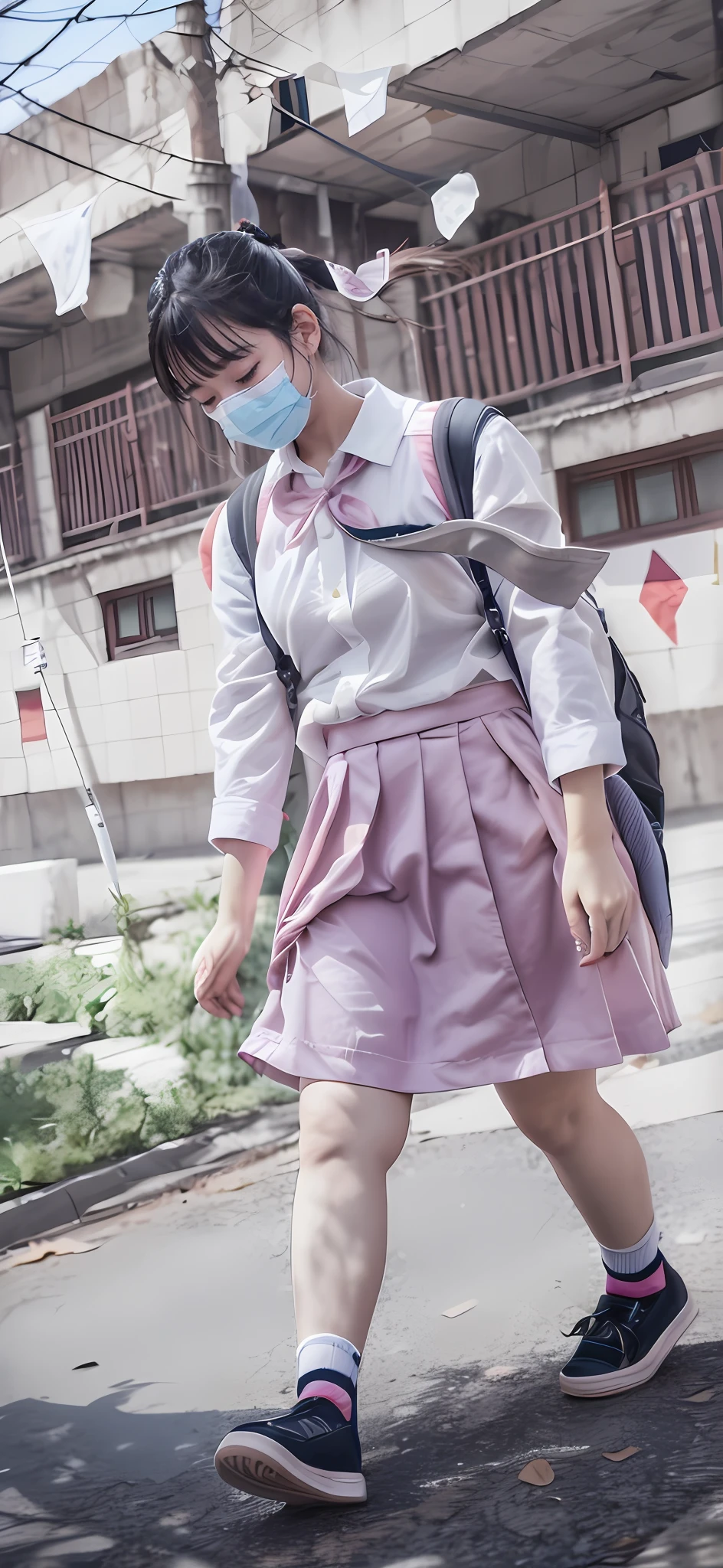 NSFW:1.08, masutepiece、top-quality、Cute schoolgirl walking、Black hair gathered in close-up、masks、looking downwards、Half-closed detailed eyes、de pele branca、A light blouse with rolled up sleeves、pink backpack、Windy、I'm worried that my clothes will stick together、Underwear is beautifully clearly visible in infrared photos from the top of clothes、Tie fluttering in the wind、Sneaker Socks、espadrilles、15yo student