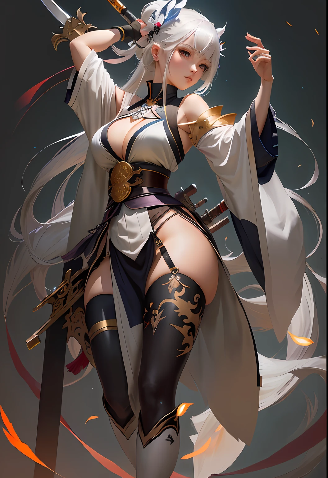 white haired Cangcang，Anime character with a sword in his hand, Onmyoji detailed art, onmyoji, wlop rossdraws, wlop and rossdraws, Extremely detailed Artgerm, WLOP and Sakimichan, Guweiz on ArtStation Pixiv, Guweiz in Pixiv ArtStation, Style Artgerm, art by wlop