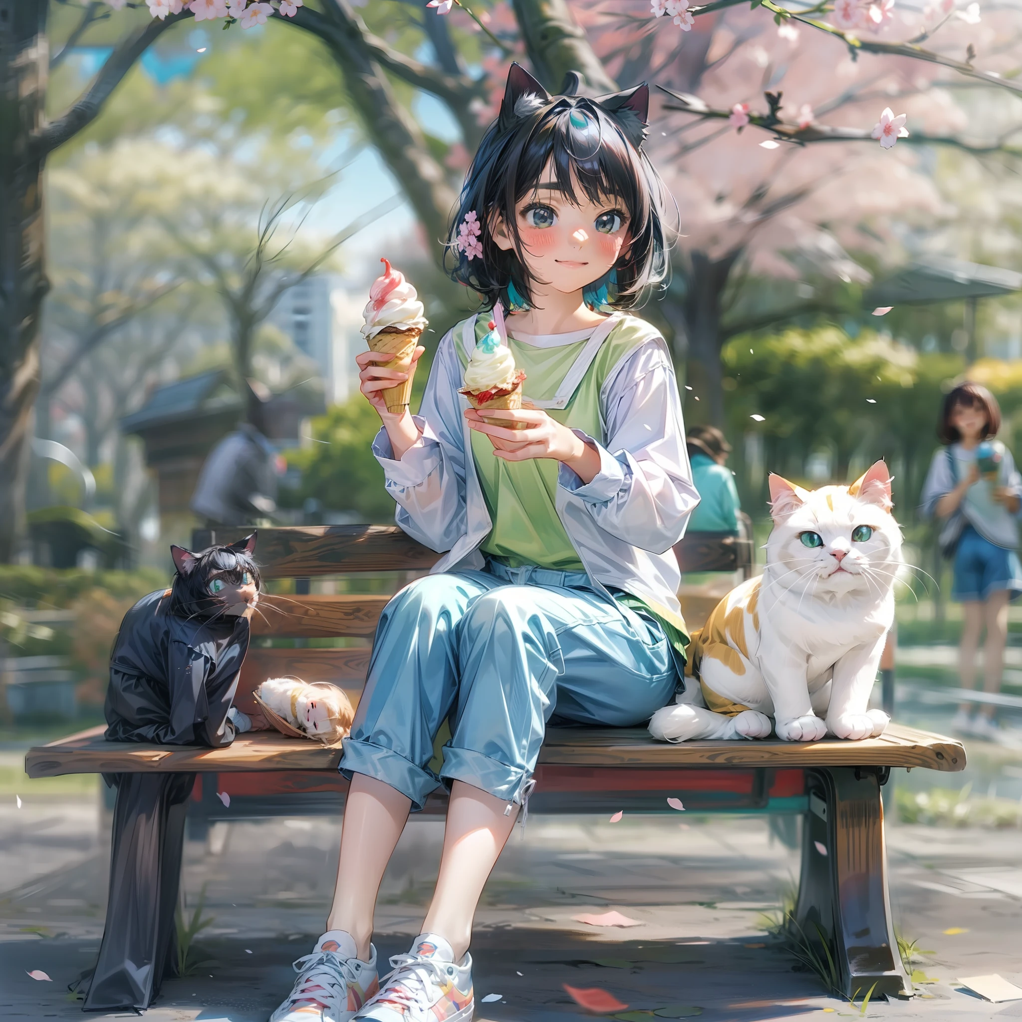 The subject is a young woman with cat ears drawn in 8K high resolution。Her black hair is a short cut、The brightly colored inner color is effective as an interpolation color.。Her characteristic cat ears reflect emotions、The subtle movements of the ears express joy and curiosity。
Her outfit is perfect for spending time in the park during the day。Cool white short-sleeved blouse and、Denim shorts for comfortable movement、And wearing sneakers suitable for running around。She sits on a park bench、I have a cold ice cream in my hand。
Park background brightly lit by spring sunshine、There is a playground where children play nearby.、People taking a walk々、You can see the Tokyo skyline in the distance。Trees in the park々is wrapped in fresh greenery、Cherry blossom petals flutter around her。
The overall tone is bright daytime colors.、Green or cherry blossom petals in the park、The color of her outfit、And the silhouette of the city is vividly depicted。8K resolution、The texture of her cat ears、Texture of clothing、Even the coldness of the ice cream is expressed in detail.。
Her posture is relaxed.、Her expression as she enjoys the ice cream in her hand.、Ear movements further emphasize their comfort。Their expressions indicate that they are enjoying a pleasant afternoon.、It depicts a peaceful time spent in the park。