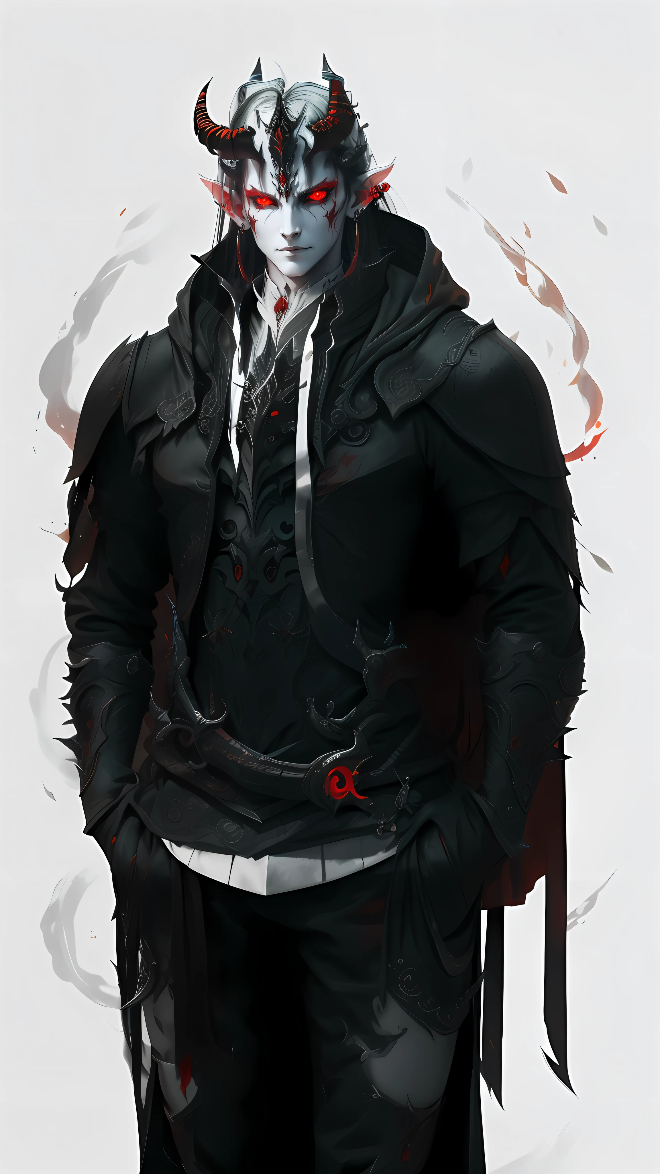 Demon with human face, horns, and a red forked tongue.red eyes and earrings on the ears. With long, black claws, best quality , masterpiece, high resolution, 4k