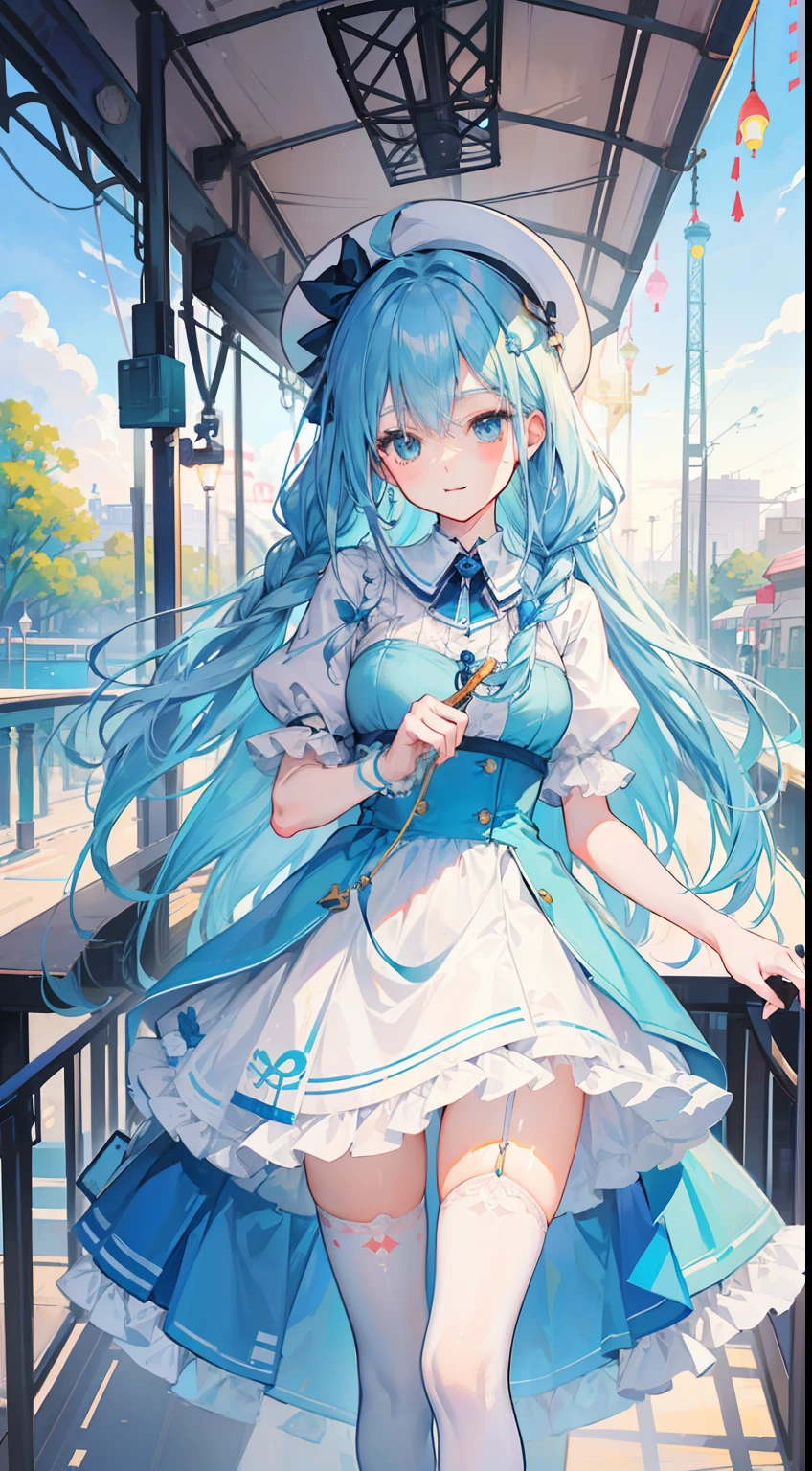 young and cute girl、The facial features are delicate and correct,(((An amusement park)))he Ferris wheel,cable car、lightblue hair、Braids、tmasterpiece、Top image quality、top-quality、Slender beautiful legs,white stockings,Happy smile,Artist painting,Makoto Shinkai's works