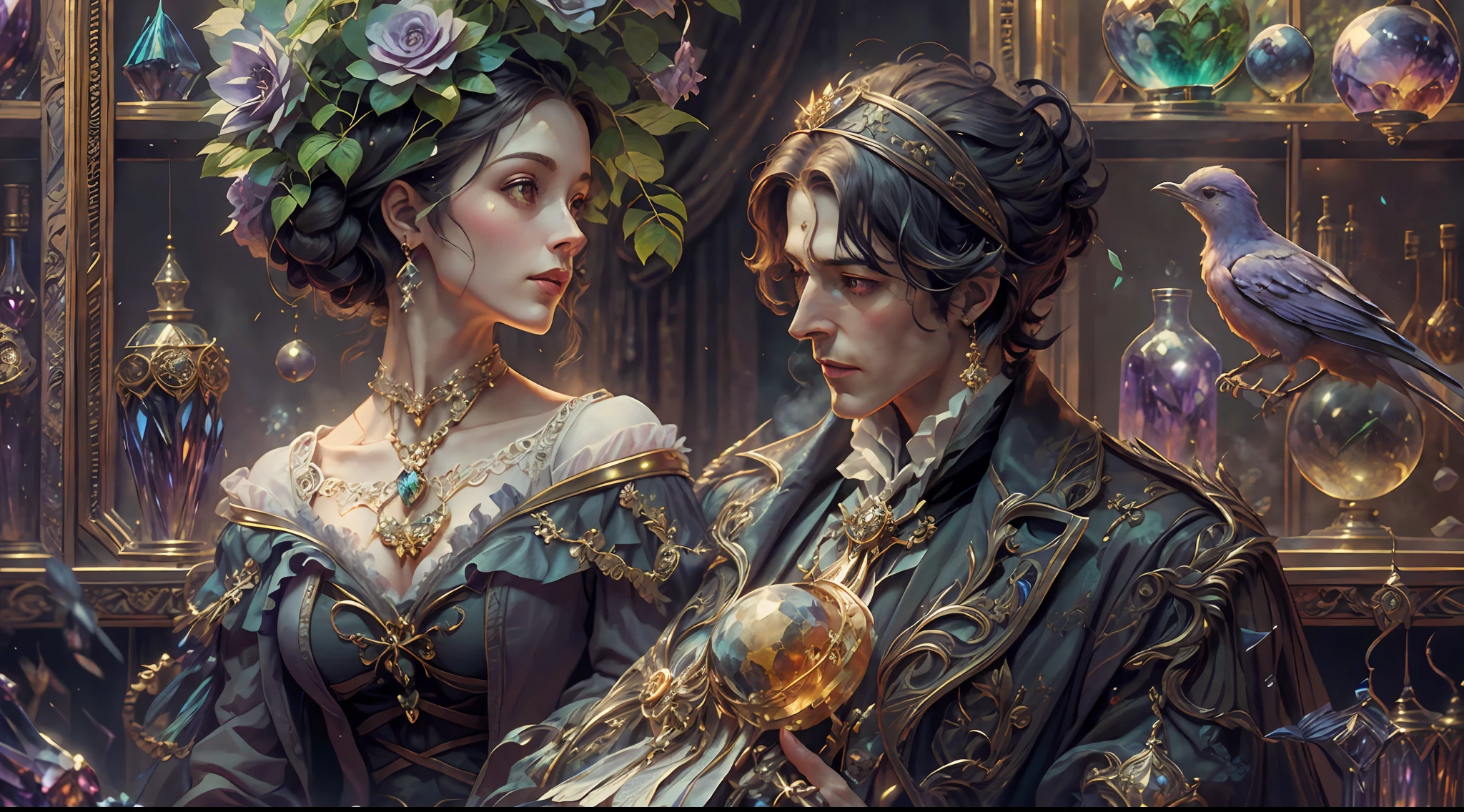 a young, A handsome and beautiful aristocratic couple runs a magic shop in the Age of Steam Magic，head looking up，florals，The bird，A plant，crystal sphere，magic item，victorian aristocrat，purple flower，ultra-realistic realism