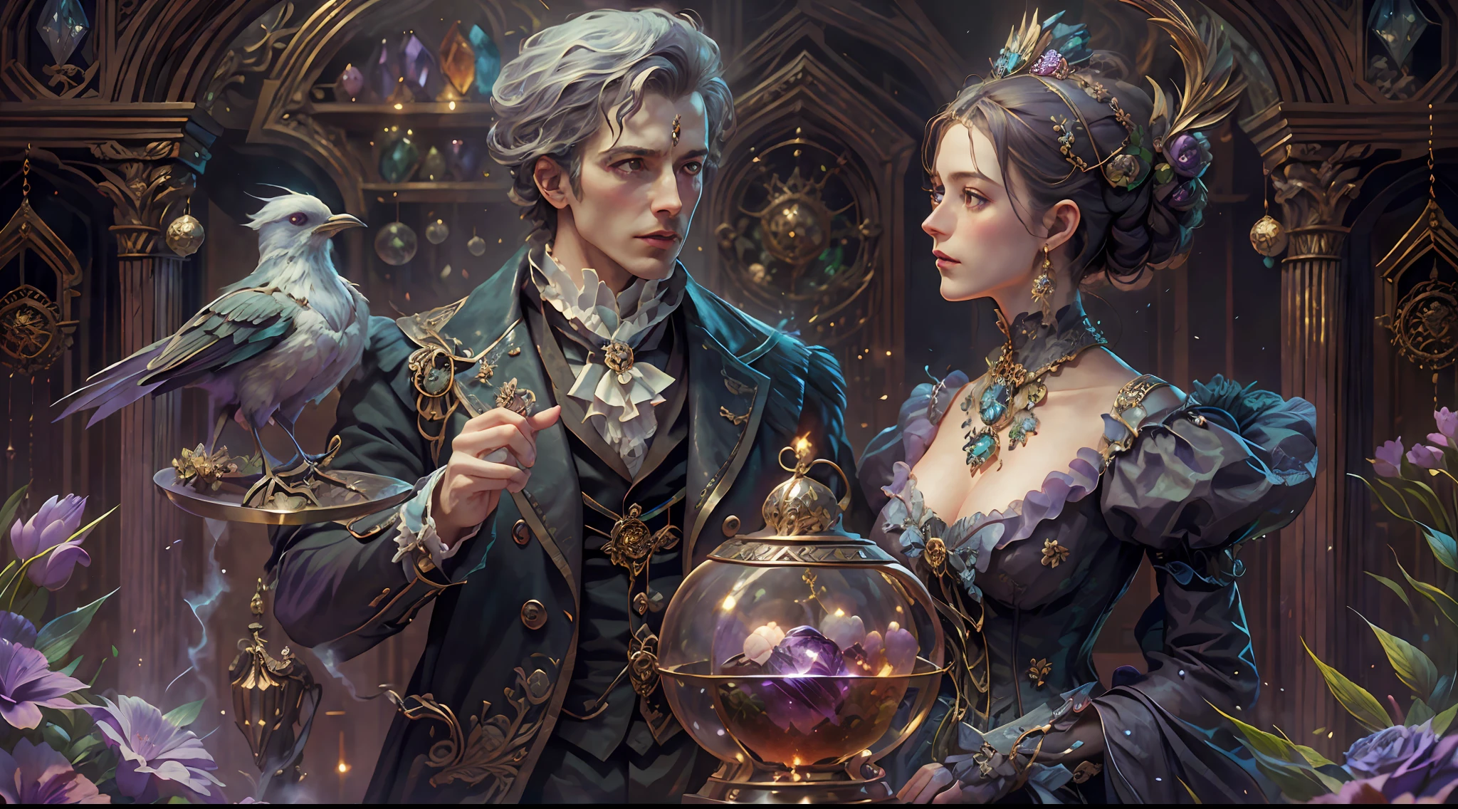 a young, A handsome and beautiful aristocratic couple runs a magic shop in the Age of Steam Magic，head looking up，florals，The bird，A plant，crystal sphere，magic item，victorian aristocrat，purple flower，ultra-realistic realism