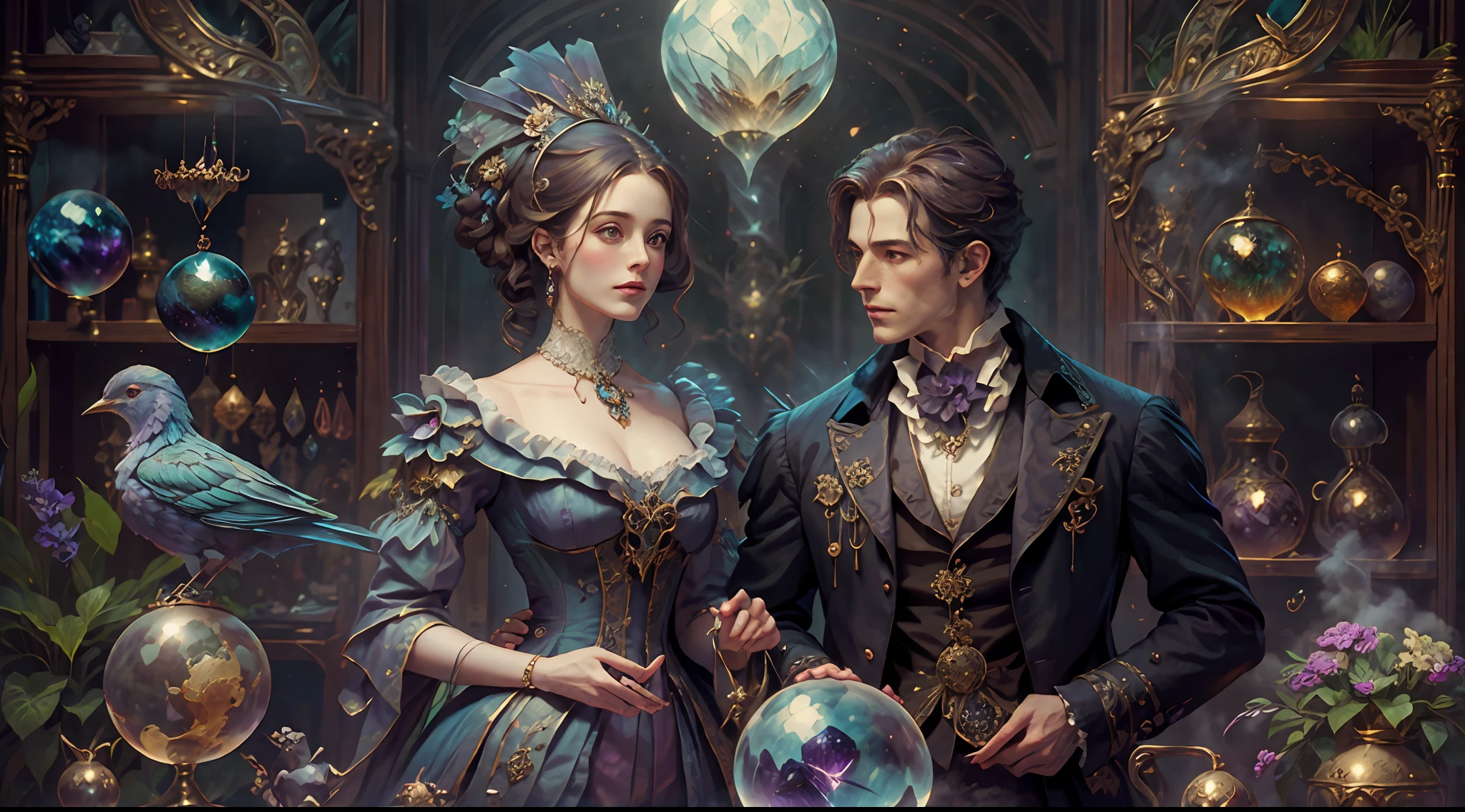 a young, A handsome and beautiful aristocratic couple runs a magic shop in the Age of Steam Magic,head looking up,florals,The bird,A plant,crystal sphere,magic item,victorian aristocrat,purple flower,ultra-realistic realism