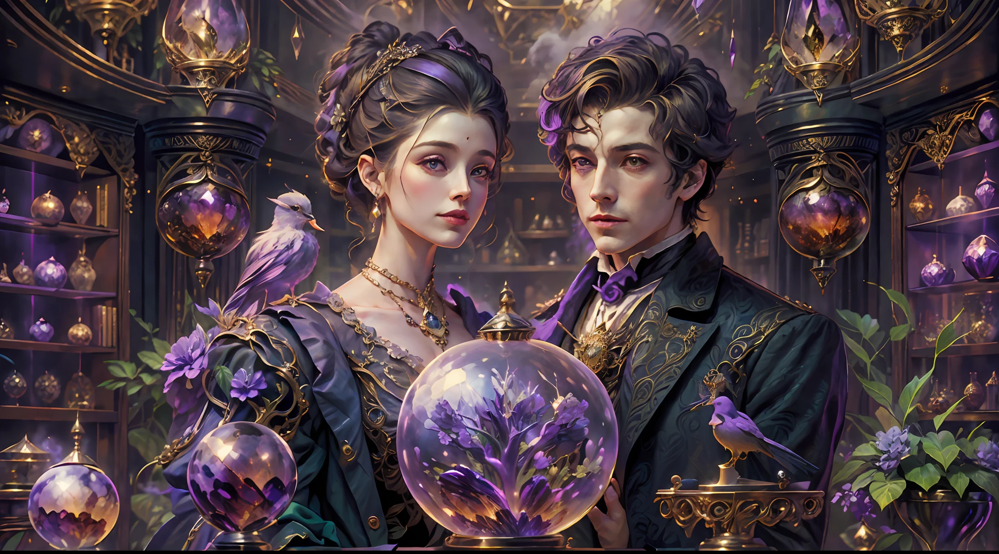 a young, A handsome and beautiful aristocratic couple runs a magic shop in the Age of Steam Magic,head looking up,florals,The bird,A plant,crystal sphere,magic item,victorian aristocrat,purple flower,ultra-realistic realism