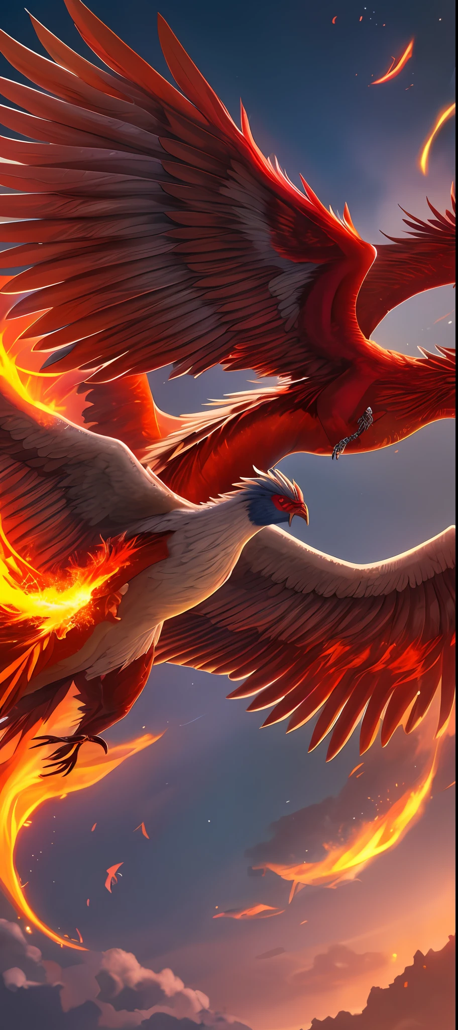 brightly colored bird flying in the sky with a bright red tail, artwork of a phoenix, ''wallpaper of a phoenix, Phoenix Dragon, ''wallpaper of a phoenix resting, phoenix rising, Fiery bird, arte de fantasia digital colorida, phoenix rising from the ashes, phoenix-inspired, phoenix in fire, phoenix warrior, penas brilhantes, wow 4 k fantasia detalhe