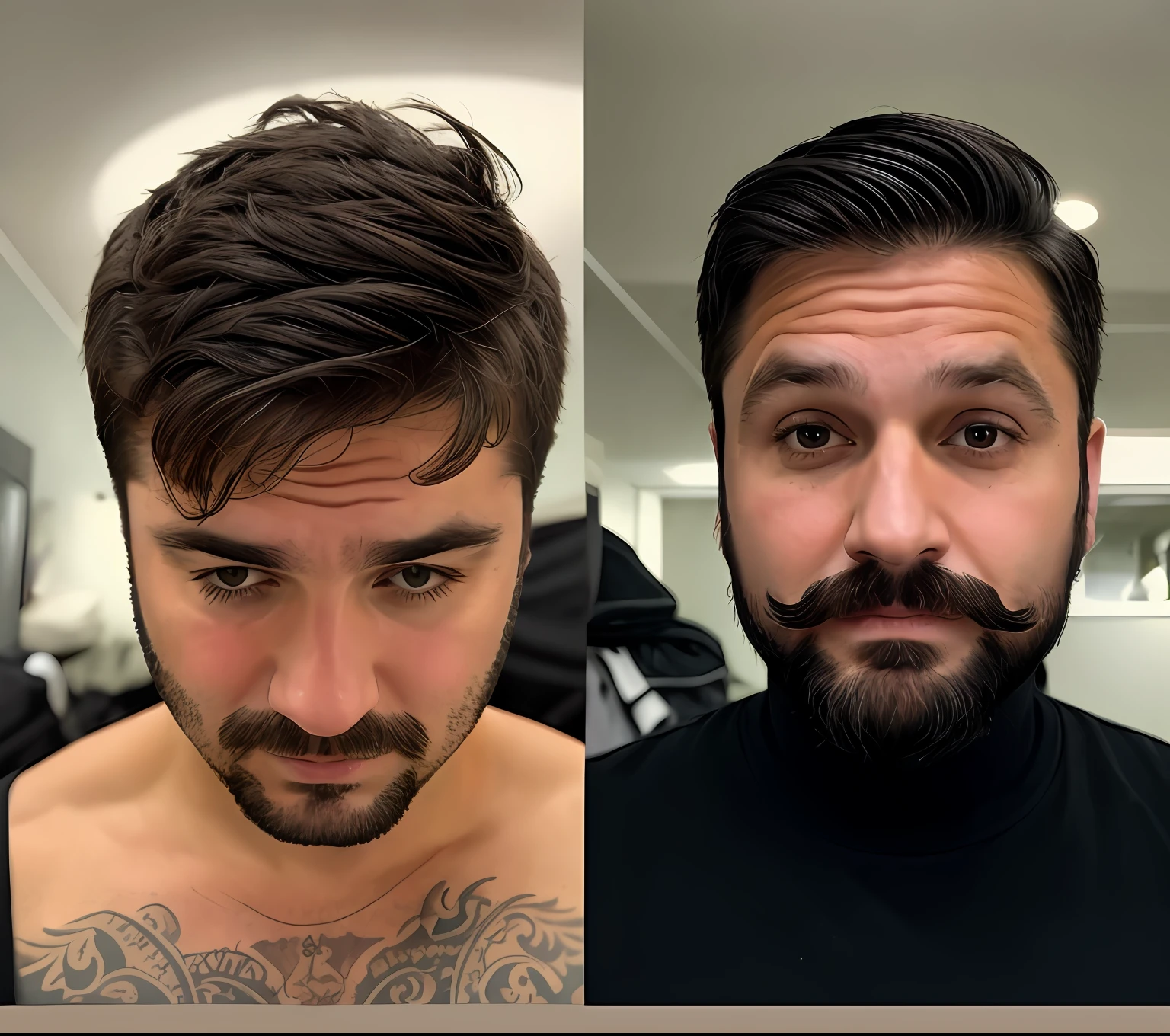 There are two bearded men，Photo with tattoo on the chest, Before and after, 4 0 years old man, 45 years old men, soft eyes and narrow chin, with mustache, Male face and chest, full head and shoulders, 2 9 years old, with no facial features, 2 7 years old, mid - 3 0 s aged