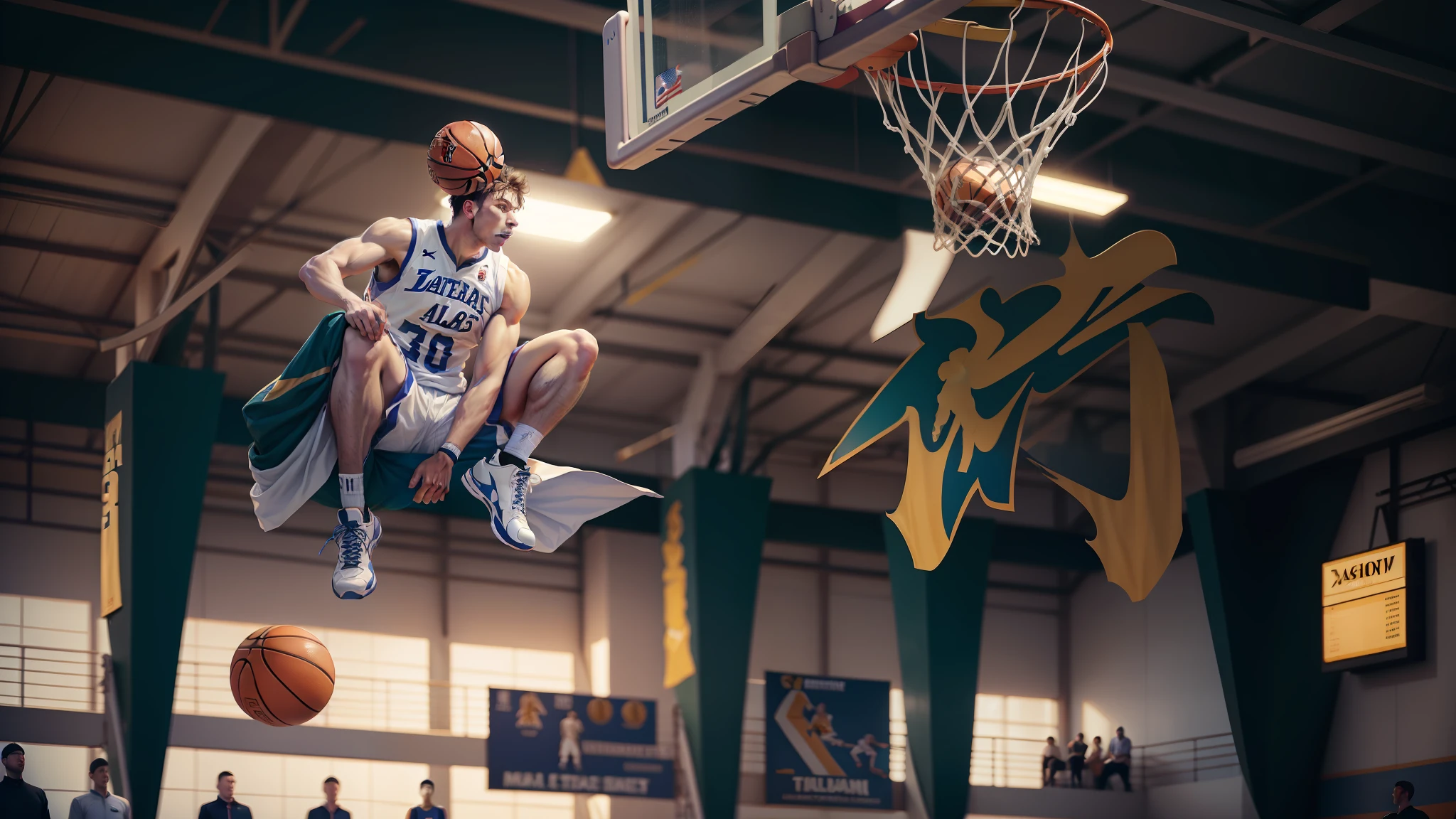 basketball,Male players,Basketball game,Match websites,Basketball hall,Dunk,Solo,Present dynamic basketball game scenes。IvoryGoldAI