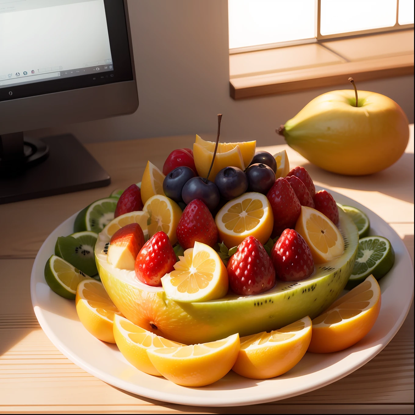 (((Distant camera angles、You can see the entire desk、Fruit-filled))、(((fruit)))、(((No background person)))、(((White back)))、masterpiece、ighly detailed、top-quality、8K、illustratio、A plate full of fruit drawn by a talented animator、tropical fruits、banana in、pineapple、apples、Cherries、mango、A distant vista、You can see the whole、far away、a lot of fruit、