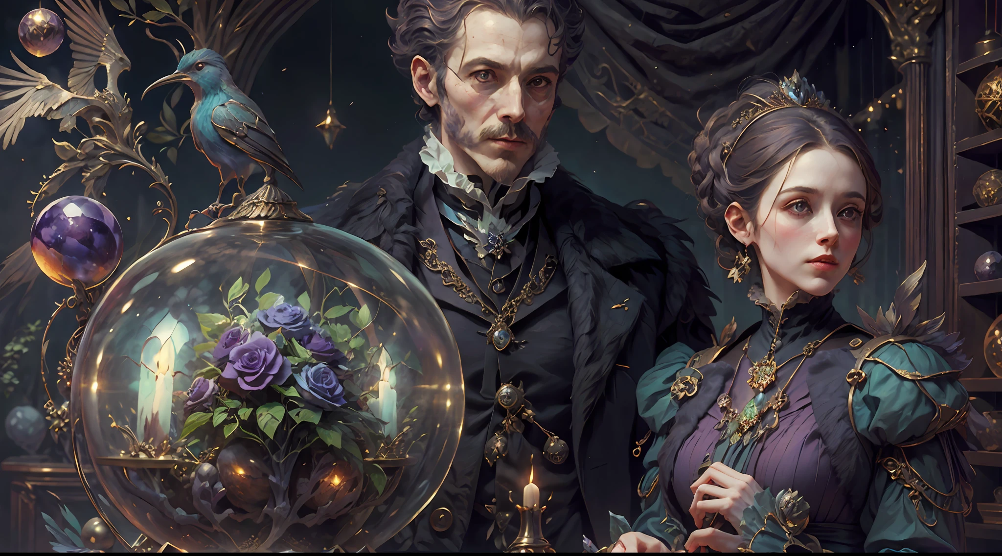 a young, A handsome and beautiful aristocratic couple runs a magic shop in the Age of Steam Magic,head looking up,florals,The bird,A plant,crystal sphere,magic item,victorian aristocrat,purple flower,ultra-realistic realism