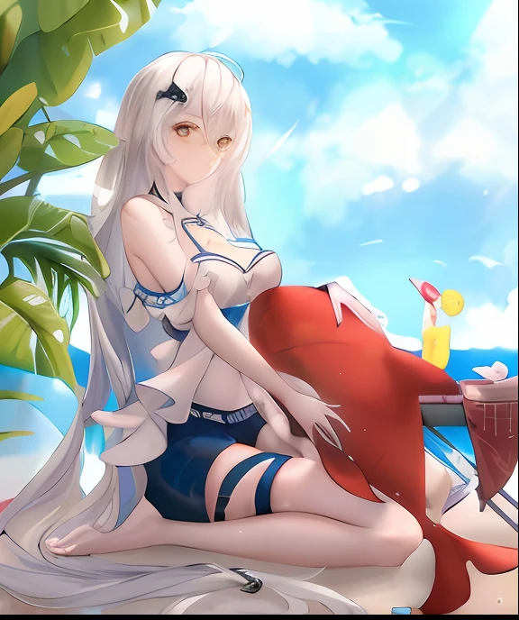 Anime girl sitting on red heart on beach, azur lane style, relaxing at the beach, White-haired god, 《azur lane》role, Guviz, Splash art anime ****, A scene from the《azur lane》videogame, Kantai collection style, in beach, Perfect white haired girl, from girls frontline, on  the  beach, Girl with white hair，wallpaper hd，hyper HD，Clear the black line，8K quality，structurally correct，