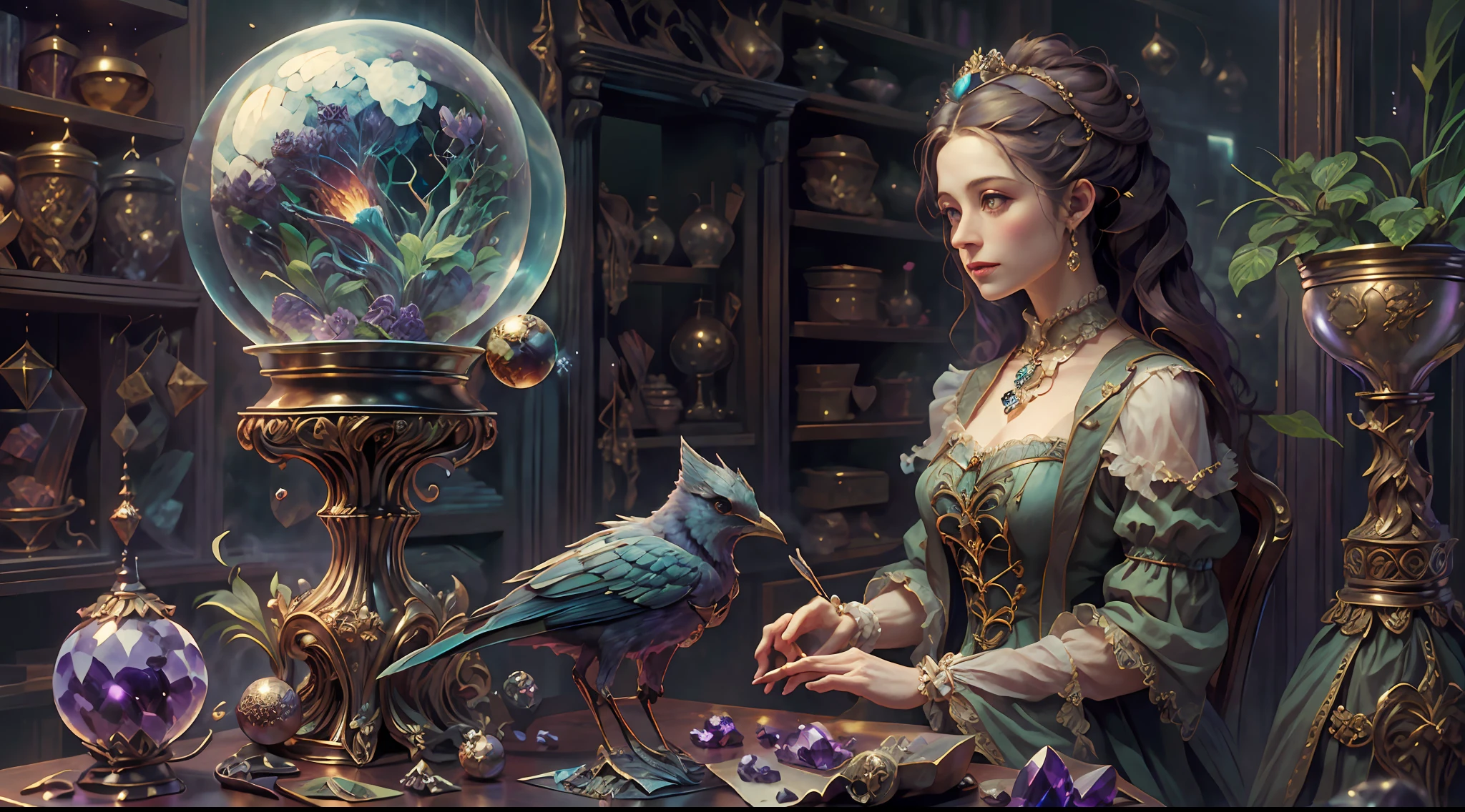 a young, A handsome and beautiful aristocratic couple runs a magic shop in the Age of Steam Magic，head looking up，florals，The bird，A plant，crystal sphere，magic item，victorian aristocrat，purple flower，ultra-realistic realism
